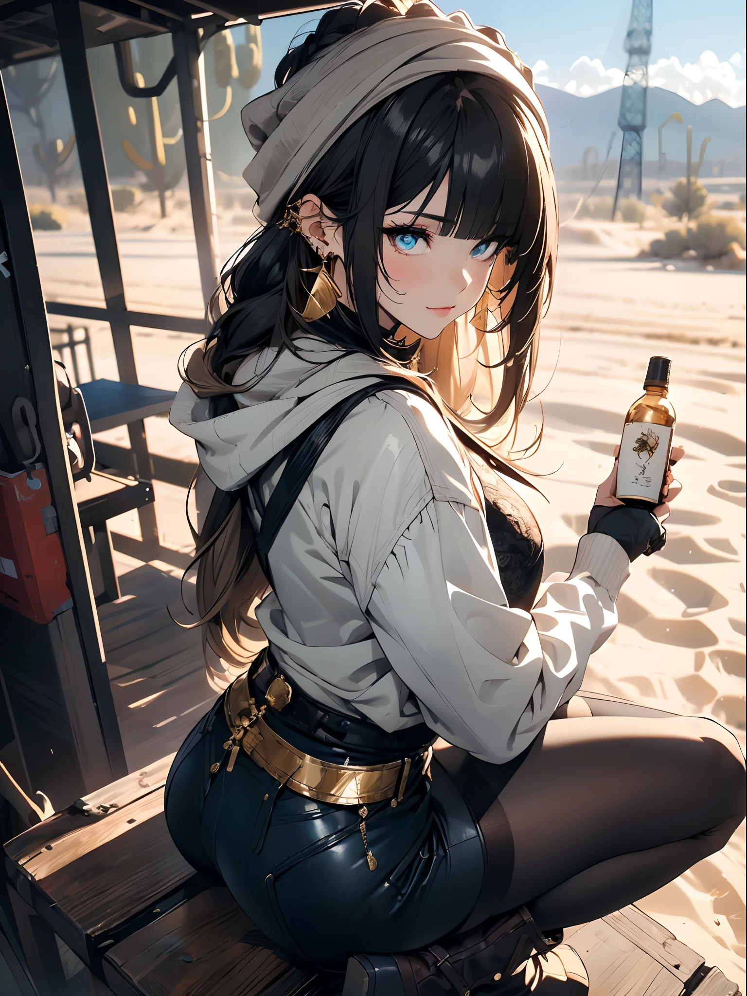 ((in a desert:1.5)), a matured woman with long hair and a white outfit, (resting in oasis:1.2, sitting), Arabic, Post apocalyps, from arknights, artwork in the style of guweiz, bodyesbian, fine details. girls frontline, beautiful anime illustration, from girls frontline, by Yang J, stunning, 26 years old, (solo:1.5), (sfw:1.25), sagging breast, large breasts, big tits, thin waist, big ass, Raised sexy, (dark mahogany medium long hair, updo, hair over one eye, asymmetric hair, Carly hair, low tied),(musulman, Headscarfs, hair bands, head vandage, Turban), (ultra high resolution, 8K RAW photo, photo realistics, weak outline:1.3, clear focus), best qualtiy, natural lighting, blurry back ground, field depth, (Bright pupils, detailed beautiful eyes, high detailed face), Red lip, looking at viewers, (tight focus:1.2, from above), sexy posing, seductive weak smiling, center image, (wearing white long jacket and clothes, wearing short pants, gold ornaments, white clothes rolling around waist, camel-brown long leather boots, translucent lace pantyhose), ((correct anatomy:1.5)), ((outdoor:1.2)),