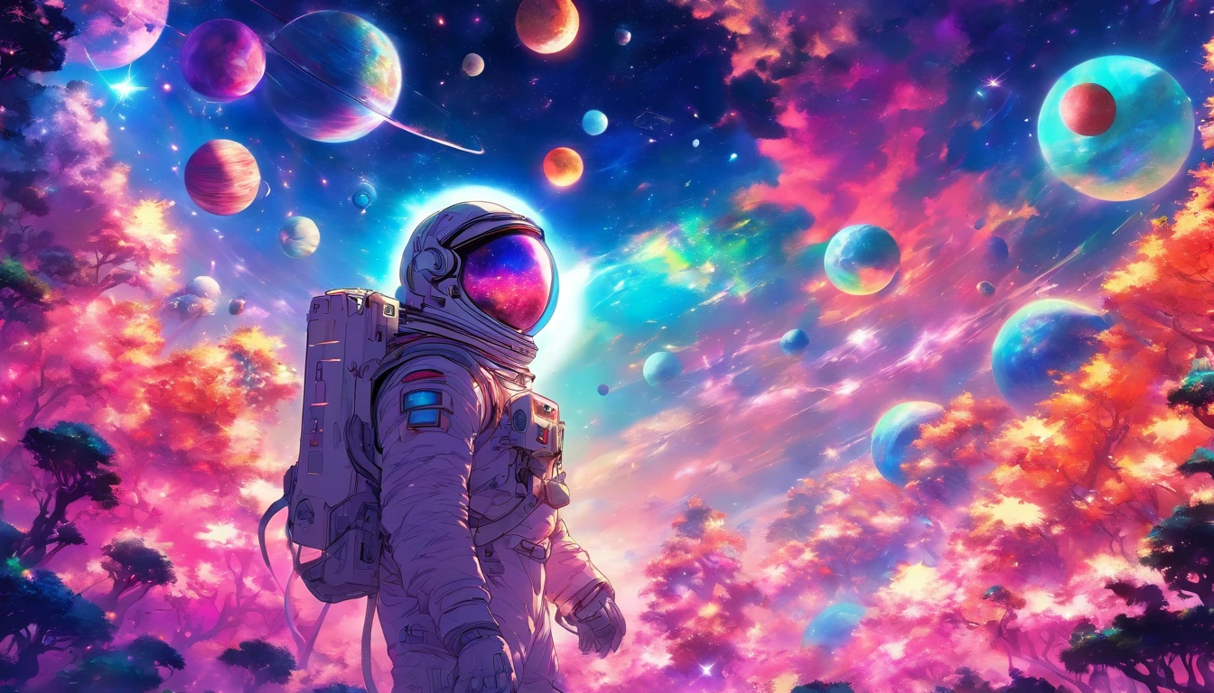 HD details, Close-up of a man in a spacesuit, planets in the background, psychedelic cosmic horror, psychedelic illustrations, cosmic space, plants growing, The world of psychosis, Background space graphic art, Cosmic illustration, cosmic space, cosmic lsd poster art, dmt space behind, Space scene, Surreal space, Cosmic style