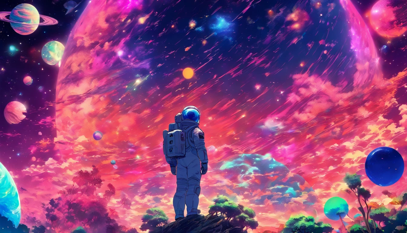 HD details, Close-up of a man in a spacesuit, planets in the background, psychedelic cosmic horror, psychedelic illustrations, cosmic space, plants growing, The world of psychosis, Background space graphic art, Cosmic illustration, cosmic space, cosmic lsd poster art, dmt space behind, Space scene, Surreal space, Cosmic style
