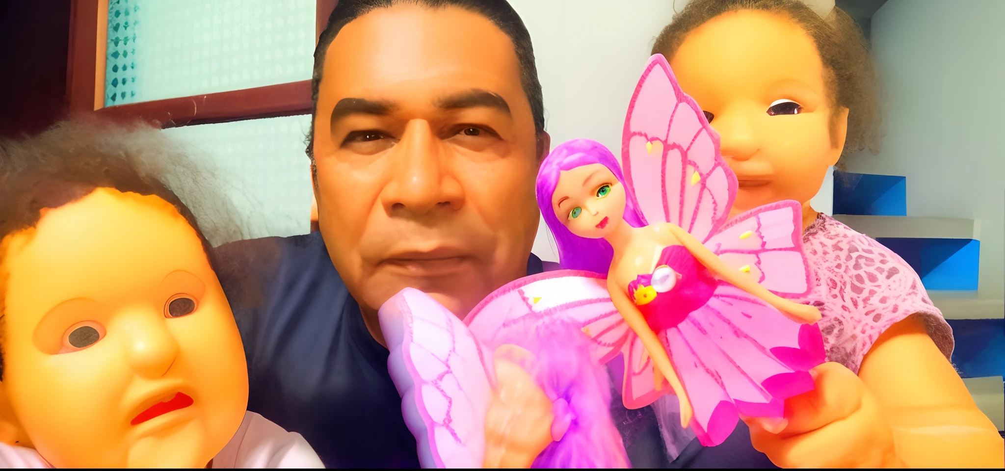 um homem segurando uma boneca e uma boneca com uma borboleta, me, foto do brinquedo, foto do perfil, Directed by: Ramon Silva, foto de perfil,  with magical creatures, papai, fantasia realista, foto comercial do brinquedo, fami, fazer imagem realista estilo Pixar