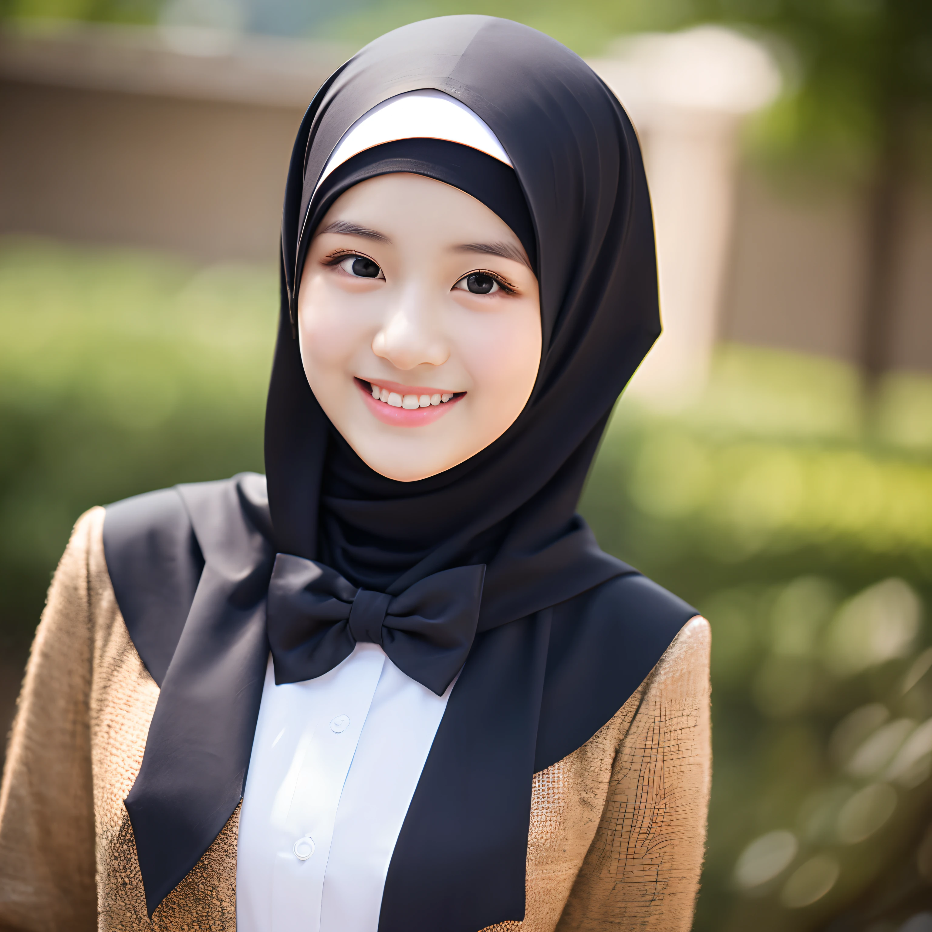 Shoot from distance , full body, school uniform, clossed long dress, a beautiful girl, extremely detailed beautiful face, wearing hijab no hair looks, black, grin,l, high detailed eyes make up, bright eyes,(((looking at viewer))), depth of field, best quality, masterpiece, highres, highly detailed, award winning