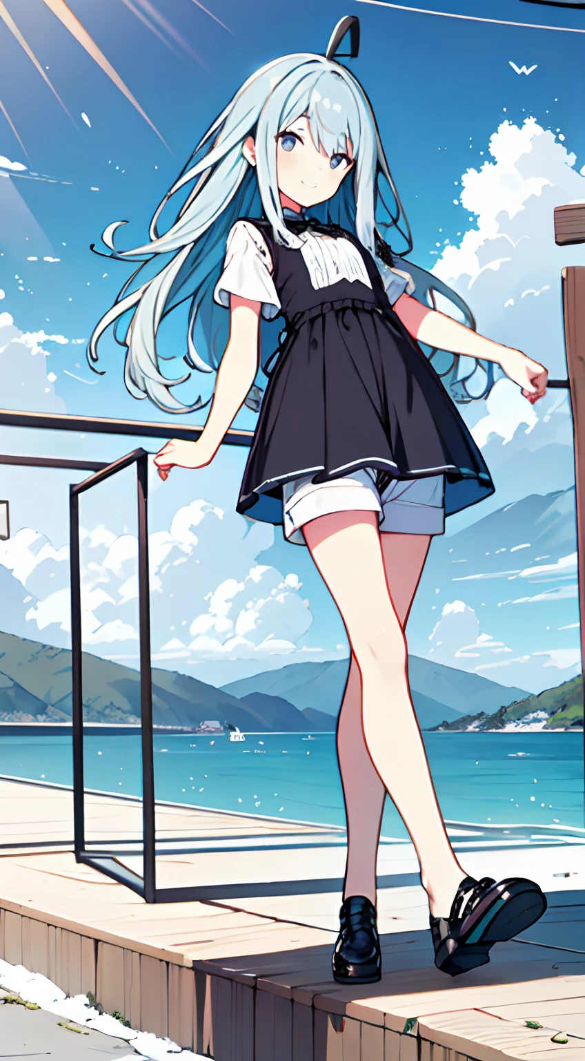 masuter piece, Best Quality,32K、Wallpaper, ultra -detail, Absurd beauty, 1beautiful girl、Big crisp eyes、Hair fluttering in the wind、Slender legs、Smaller head、miscievous smile、Angle looking up from below:1.3、♡♡♡、Poses in motion、shortpants