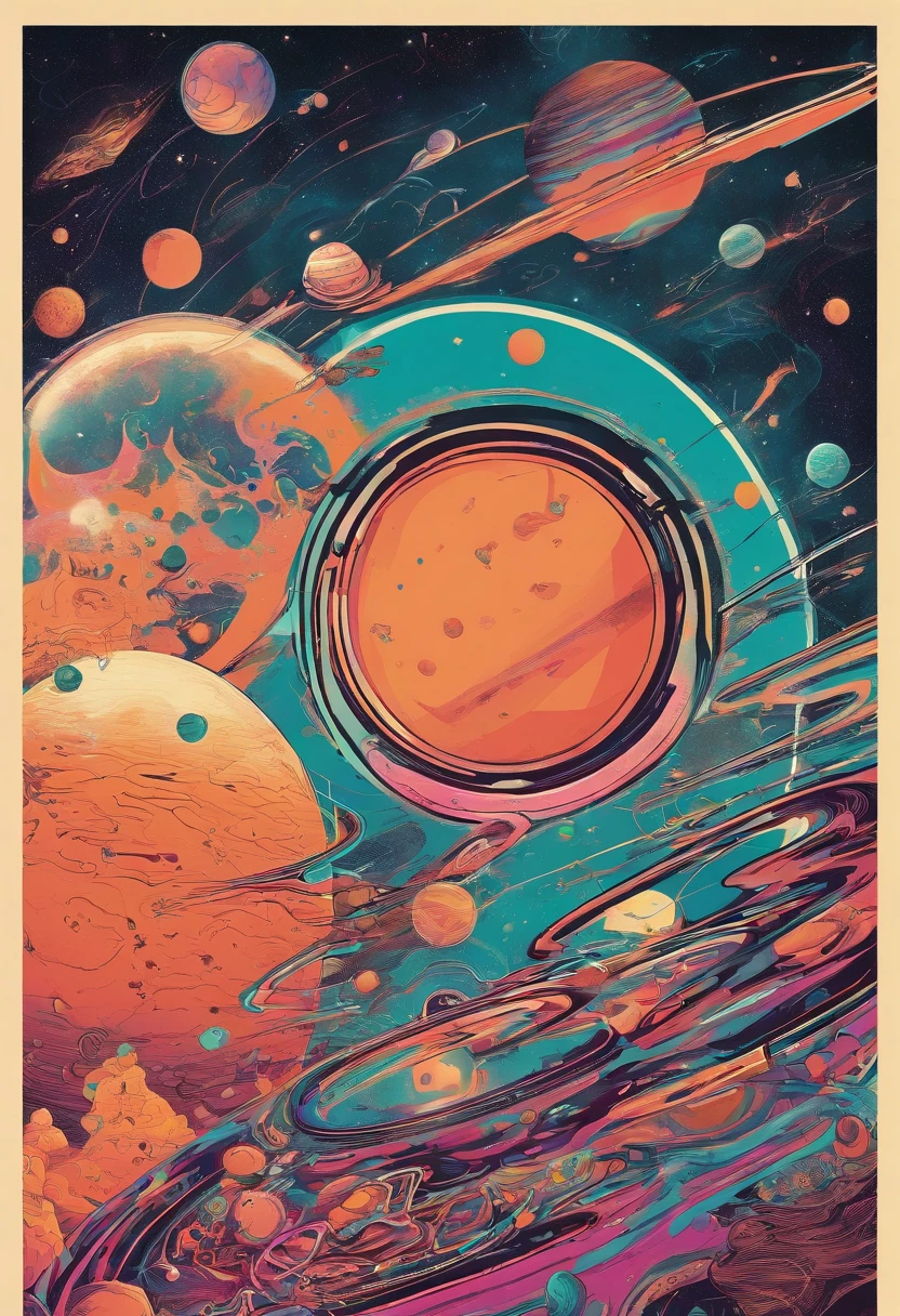 Detalhes do HD, close-up de um homem em um traje espacial, planetas em segundo plano, psychedelic cosmic horror, psychedelic illustration, outer space, crescimento vegetal, psychotic universe, Graphic art of background space, cosmic illustration, outer space, cosmic lsd poster art, dmt space behind, cena espacial, surreal space, cosmic style