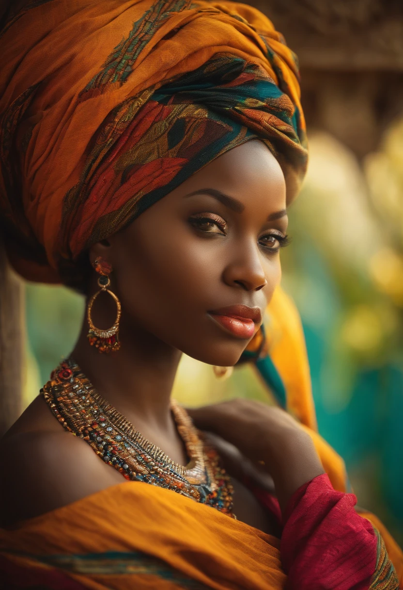Femme africaine senegalaise ((Best quality)), ((Masterpiece)), (Ultra-detailed), High quality, Dressed in African outfit and sexy and breasts that appear with a scarf at the head African fashion ,intricate high detail, natural lighting, Outdoors in the African savannah, couleurs chaudes, (Bokeh), (mise au point nette sur les yeux), (high detail face, texture de la peau),