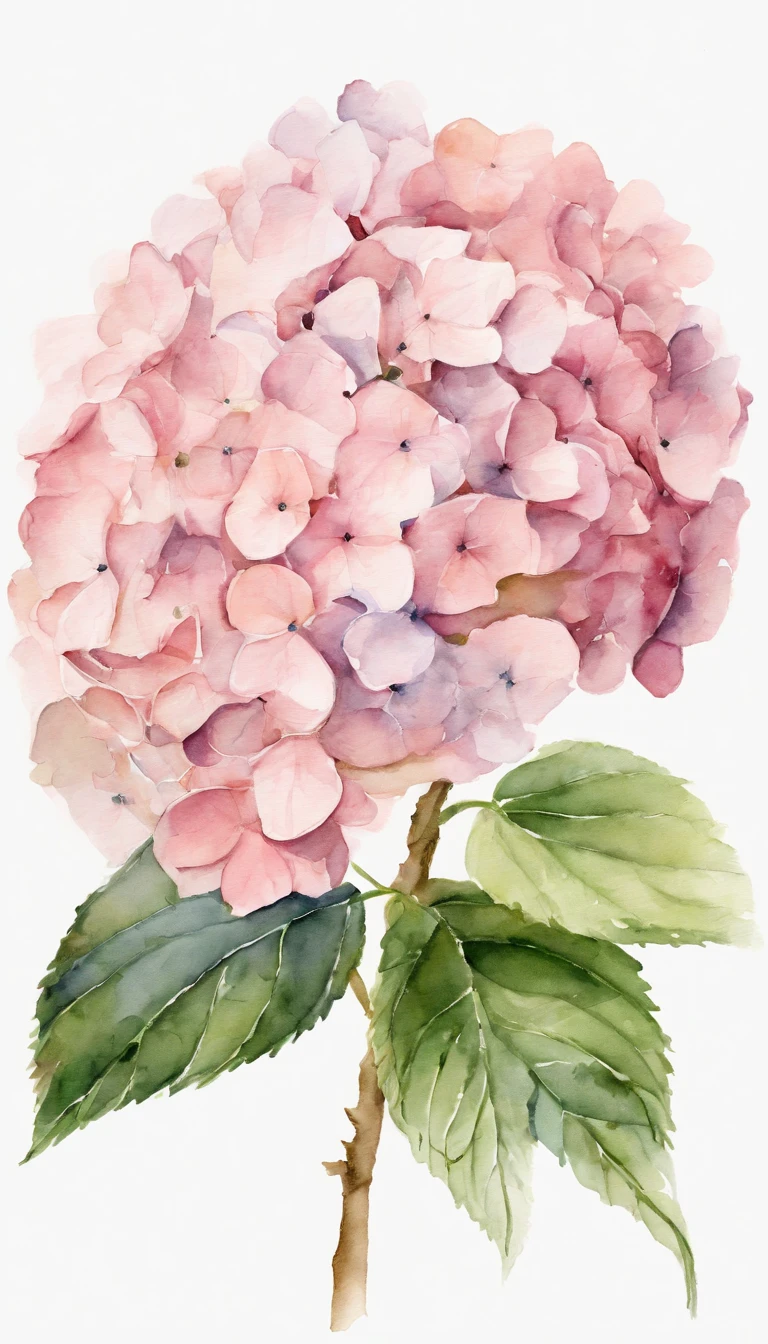 blush pink hydrangea, white background, minimalistic botanical