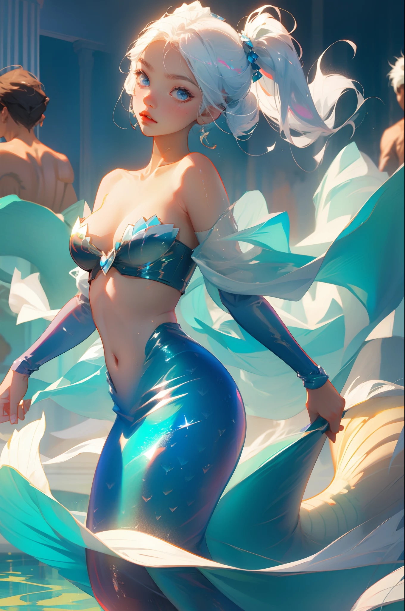 anime mermaid girl, in water, medium chest size, blue tail, grey/white hair