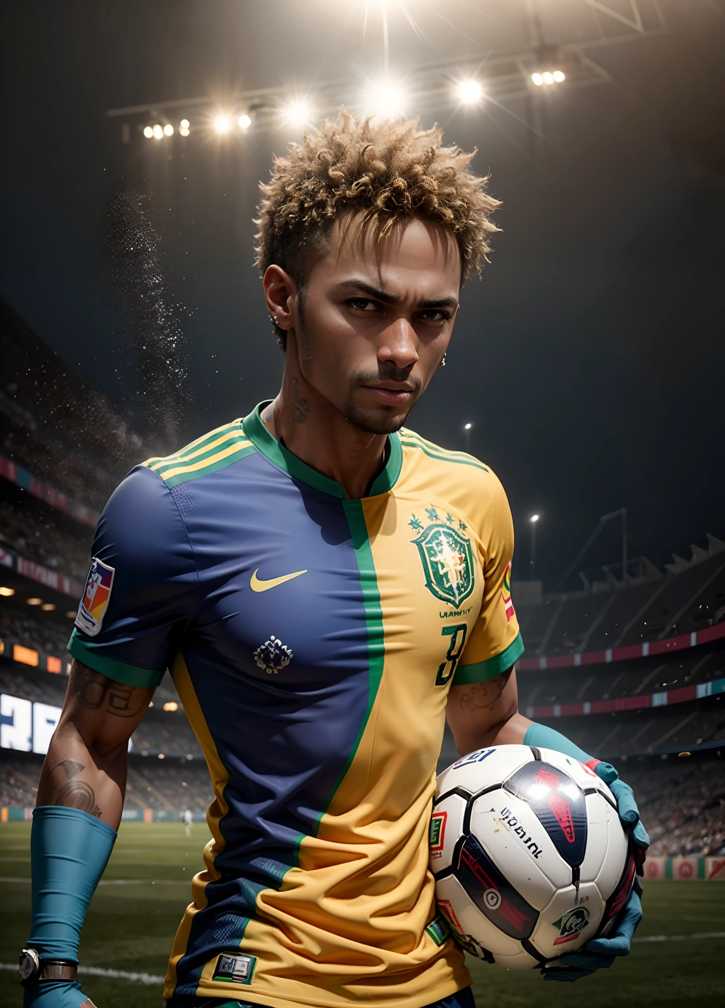 Neymar uniforme do Brasil, com uma bola em um campo de futebol , com uma bandeira grande do Brasil ao fundo , Estilo 3D