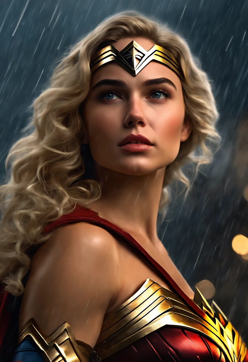 18 year old girl, Wonder Woman suit, short curly hair, blonde hair, beautiful face, rain, roof, masterpiece, exquisite details, perfect anatomy, fighting stance