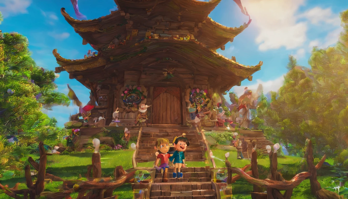 In front of the wooden temple at the highest point in the entire village,There is a huge wooden veneer drum,Two boys looked at it