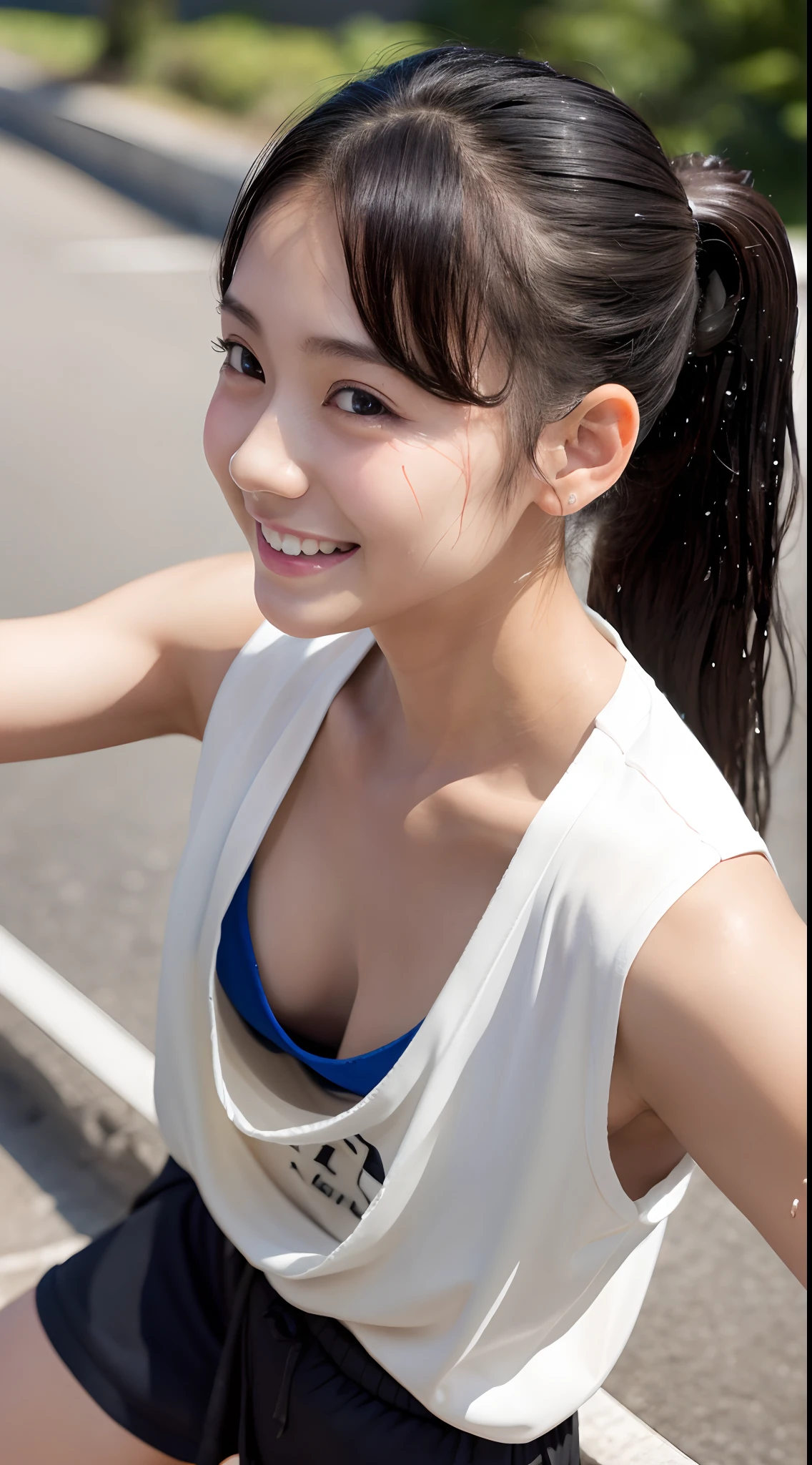 One lady,ar old,anes,(((,)))portlate,A dark-haired,Beautiful ponytail,Wet with sweat,Clothes are wet,Natural smile,(((Beautiful udder)))