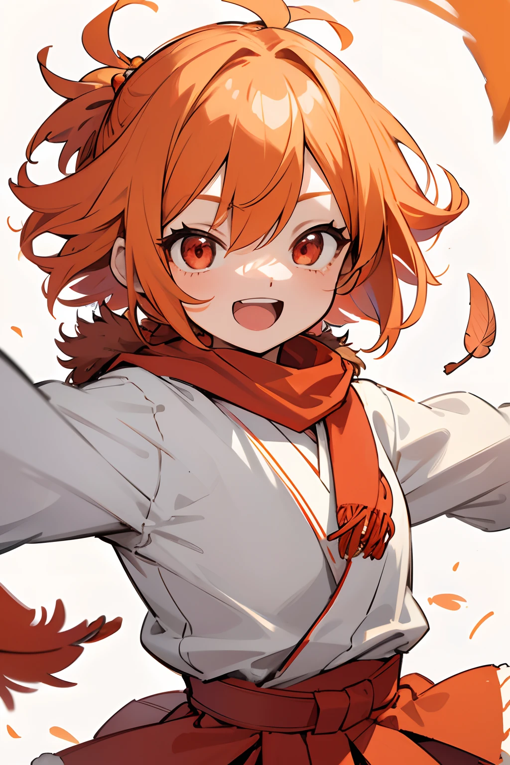 1girl, solo, loli, small girl, light orange hair, short hair, bob cut, messy hair, hair between eyes, ((feather hair accesories)),, red eyes, mono color clothes, red bloomers, red shirt, old fashion, red karate uniform, karate uniform, ((fur scarf)), smile, happy, open mouth, arms behind back, upper body, close-up, colorful, color streaked background, masterpiece, illustration, 8k,