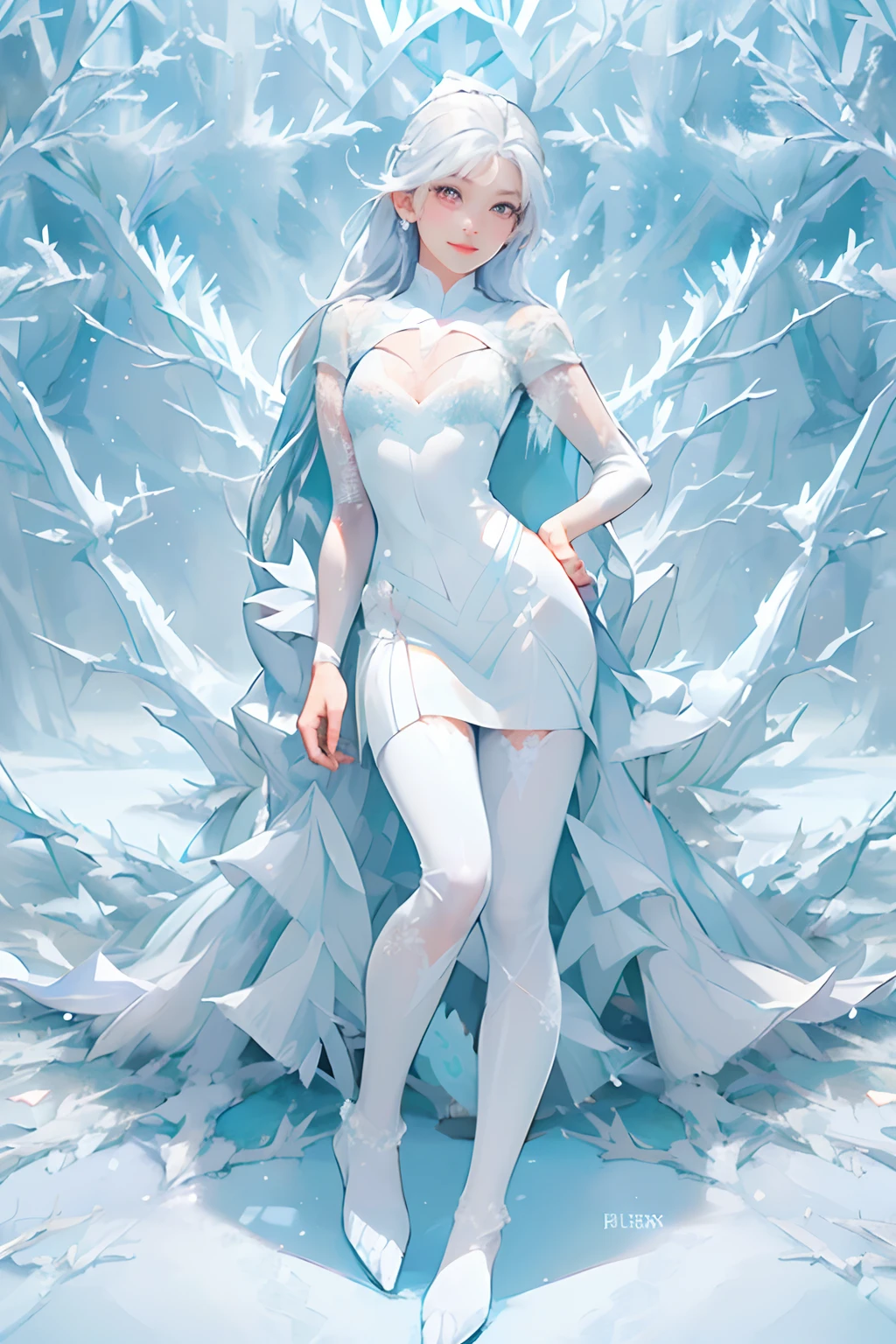 ((top-quality, masutepiece, Top image quality, 8K)), ((1girl in, perfectly proportions, Beautiful body, Detailed skin, Detailed eyes, Realistic middle chest:1.5)), ((perfectly proportions, Beautiful body, showing your whole body:1.5)), (Best Ratio: 4 fingers, 1 thumb), Trees in the snowfield shining in the morning glow々々々々And ice, Smiling young woman in white fur long coat, ((Everything is sparkling、reflecting light:1.2)), ((White Frozen Forest:1.8)),