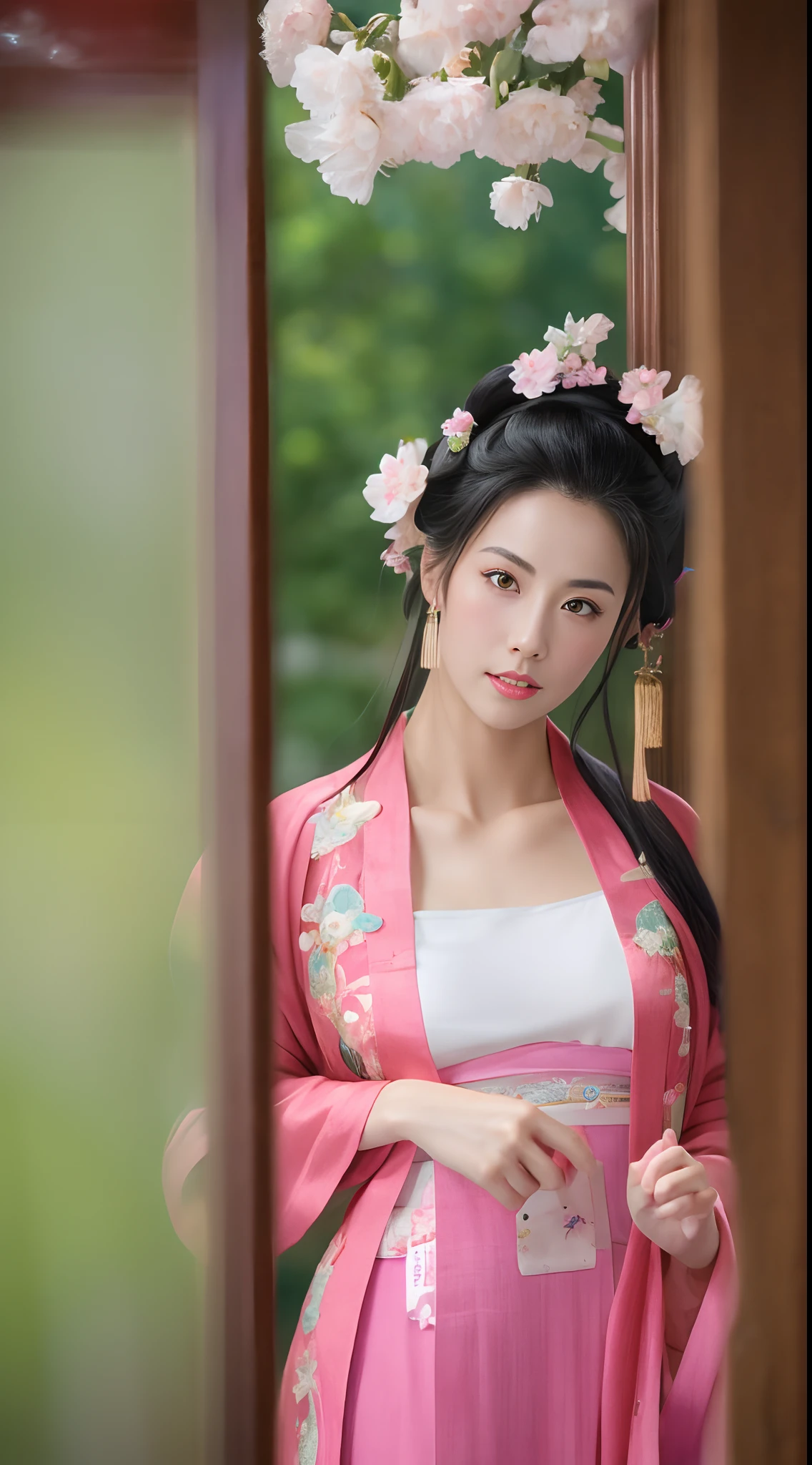 Fashion model 18 years old [[[[closeup cleavage]]]], [[[[boobgasm]]]], [[[[coll]]]], [[[[bshoulders]]]], perfect  eyes, Perfect iris，Perfect lips，perfect teeth，Perfect skin，with fair skin，hdr，Movie girl，Pink ancient Chinese clothing，A delicate face，The background is an ancient Chinese interior，Outside the window is a mountain of green trees，fresh flowers，4K Ultra HD, 超高分辨率, (Photorealistic: 1.4), Best quality，Masterpiece，（pastel colour：1.2）
