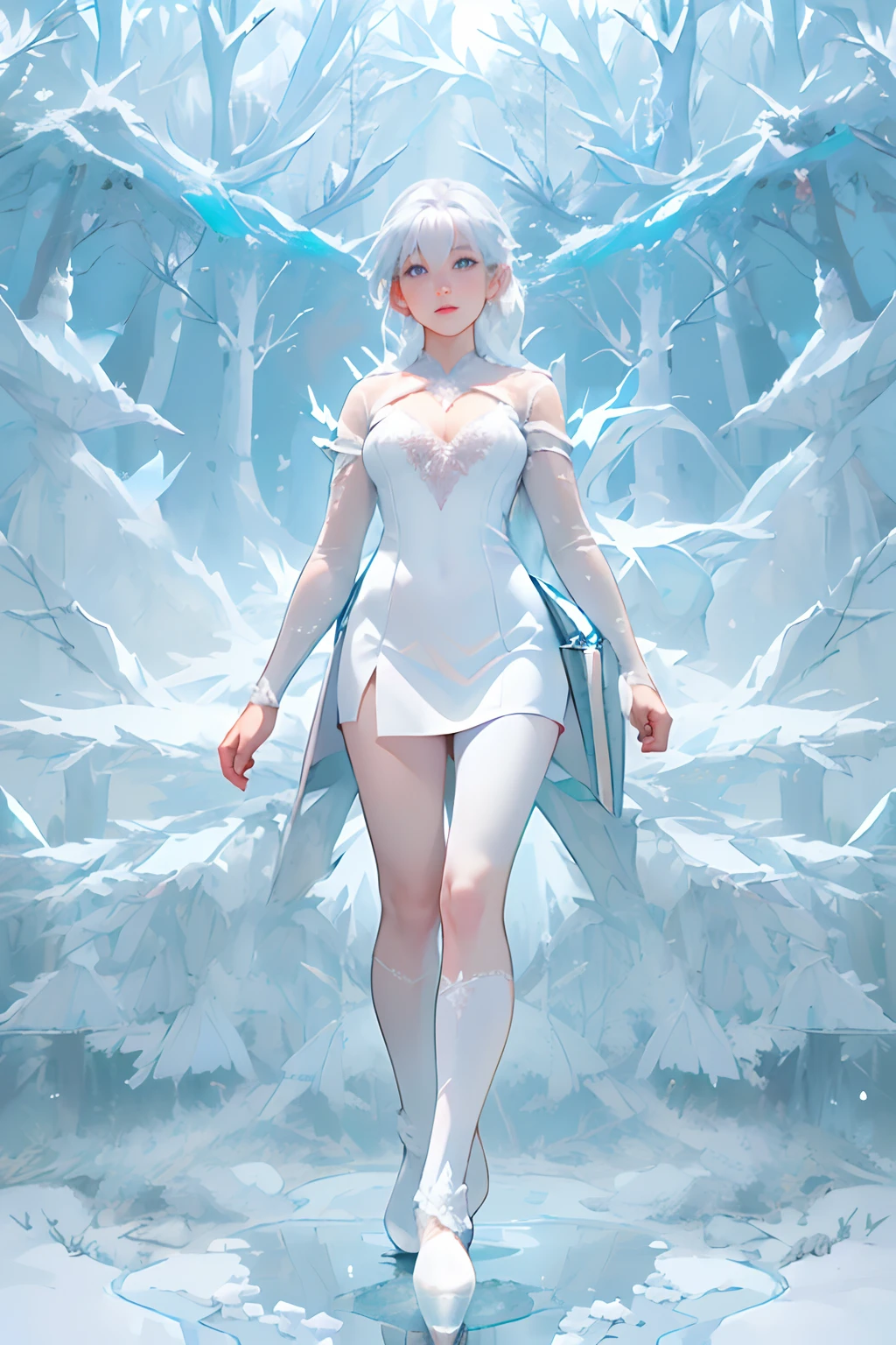 ((top-quality, masutepiece, Top image quality, 8K)), ((1girl in, perfectly proportions, Beautiful body, Detailed skin, Detailed eyes, Realistic middle chest:1.5)), ((perfectly proportions, Beautiful body, showing your whole body:1.5)), (Best Ratio: 4 fingers, 1 thumb), Trees in the snowfield shining in the morning glow々々々々And ice, Smiling young woman in white fur long coat, ((Everything is sparkling、reflecting light:1.2)), ((White Frozen Forest:1.8)),