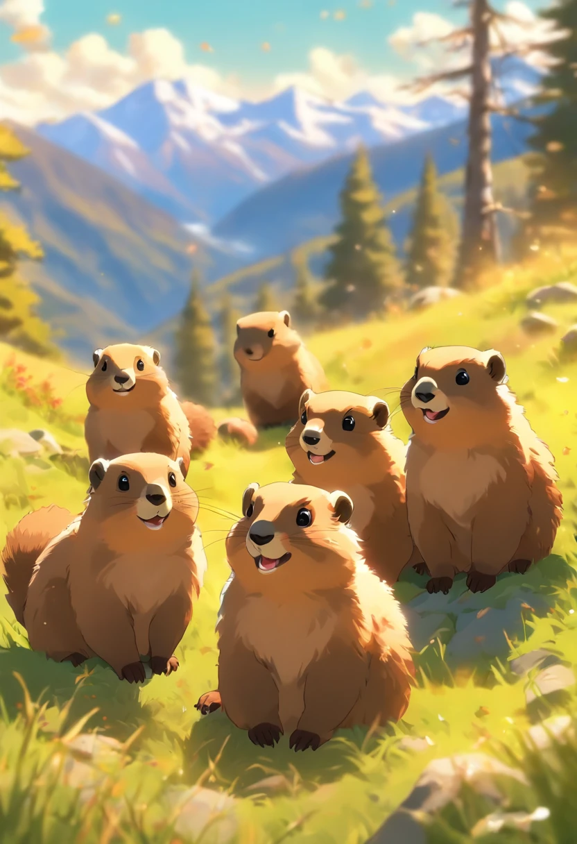 (best quality,ultra-detailed),lots of mountain marmots,breathtaking landscape,playful,curious expressions,soft fur,glistening eyes,natural habitat,green grassy meadow,majestic snow-capped peaks,warm sunlight,harmonious composition,vibrant colors,lively atmosphere,picturesque scenery,clear blue sky,peaceful environment,unforgettable moment,close interaction,endearing poses,joyful gathering,social creatures,community bonding,adorable family dynamics,favourite for photography enthusiasts,happy memories,abundant wildlife,living in harmony with nature,wilderness adventure,appreciation for the small joys in life.