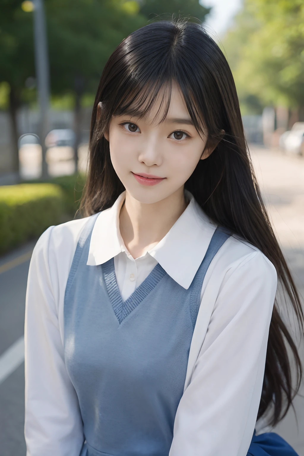 masterpiece、8K、32K、top-quality、(A cute Japanese woman:1.1)、detail portrayal、1 girl in、elegent、(High school students:1.1)、(School uniform:1.3)、(blows wind)、Commuting to school、School Grounds、cowboy shot、ssmile、