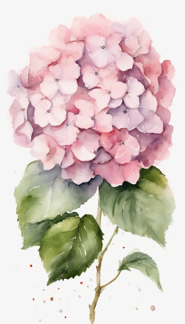 blush pink and hydrangea, white background, minimalistic botanical floral