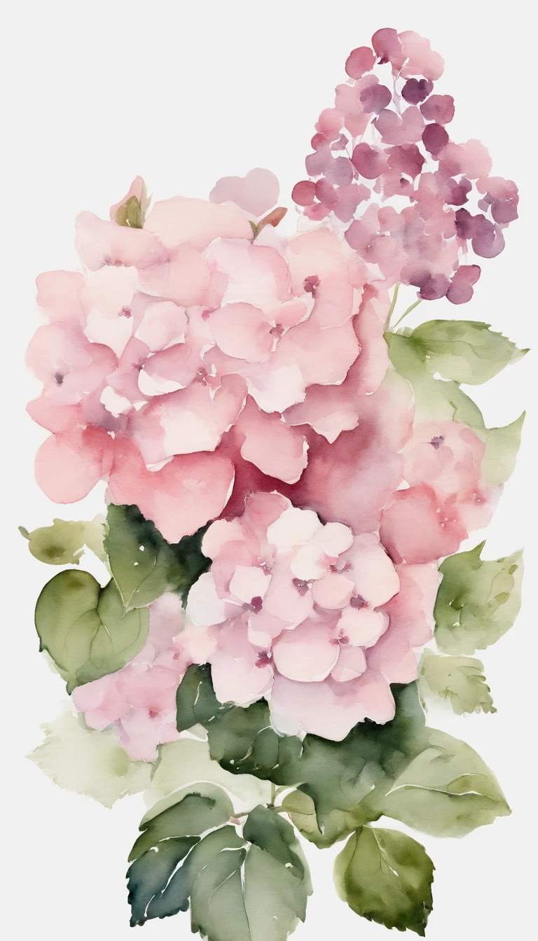 blush pink and hydrangea, white background, minimalistic botanical floral