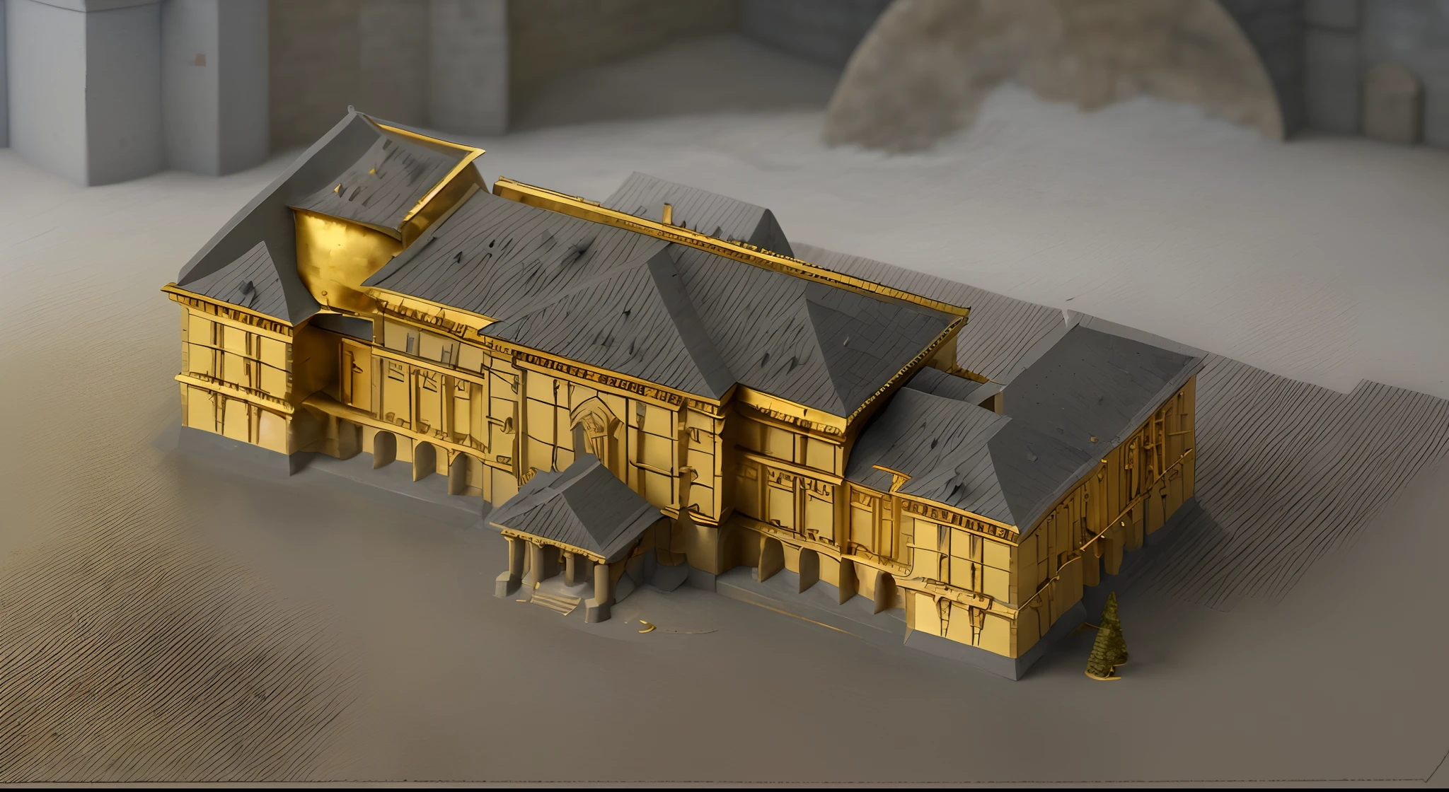 bulding,classical,realistic: 1.5)),((best quality)), ((masterpiece)),((detailed)), scenery, a castle made of gold in the center, many forests and gardens inside the castle, walls around the castle, poor towns around, sewers, poverty, grey sky