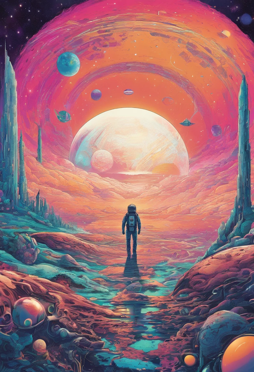 HD details, astronaut, planets in the background, psychedelic cosmic horror, psychedelic illustrations, cosmic space, plants growing, The world of psychosis, Background space graphic art, Cosmic illustration, cosmic space, cosmic ??? poster art, dmt space behind, Space scene, Surreal space, Cosmic style