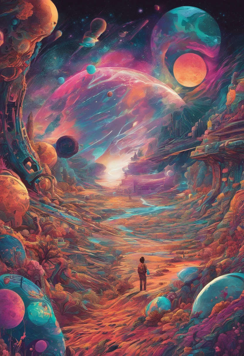 HD details, astronaut, planets in the background, psychedelic cosmic horror, psychedelic illustrations, cosmic space, plants growing, The world of psychosis, Background space graphic art, Cosmic illustration, cosmic space, cosmic lsd poster art, dmt space behind, Space scene, Surreal space, Cosmic style