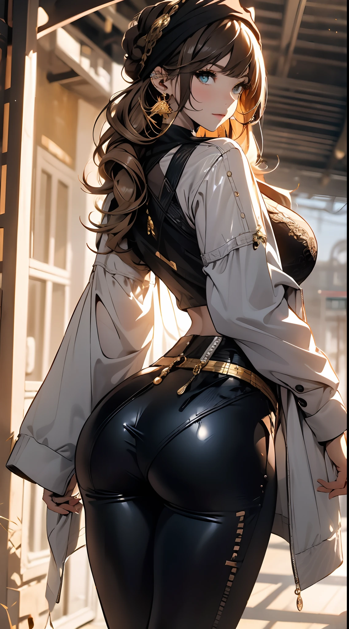 ((in a desert:1.5)), a matured woman with long hair and a white outfit, (resting in oasis:1.2, sitting:0.0), Arabic, Post apocalyps, from arknights, artwork in the style of guweiz, bodyesbian, fine details. girls frontline, beautiful anime illustration, from girls frontline, by Yang J, stunning, 26 years old, (solo:1.5), (sfw:1.25), sagging breast, large breasts, big tits, thin waist, big ass, Raised sexy, (dark mahogany medium long hair, updo, hair over one eye, asymmetric hair, Carly hair, low tied),(musulman, Headscarfs, hair bands, head vandage, Turban), (ultra high resolution, 8K RAW photo, photo realistics, weak outline:1.3, clear focus), best qualtiy, natural lighting, blurry back ground, field depth, (Bright pupils, detailed beautiful eyes, high detailed face), Red lip, looking at viewers, (tight focus:1.2, from above), sexy posing, seductive weak smiling, center image, (wearing white long jacket and clothes, wearing short pants, gold ornaments, white clothes rolling around waist, camel-brown long leather boots, translucent lace pantyhose), ((correct anatomy:1.5)), ((outdoor:1.2)),