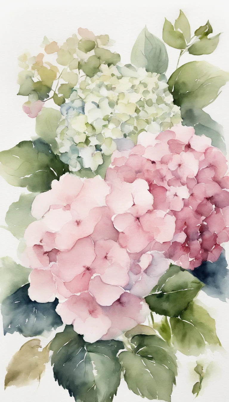 blush pink and hydrangeas, white background, minimalistic botanical floral
