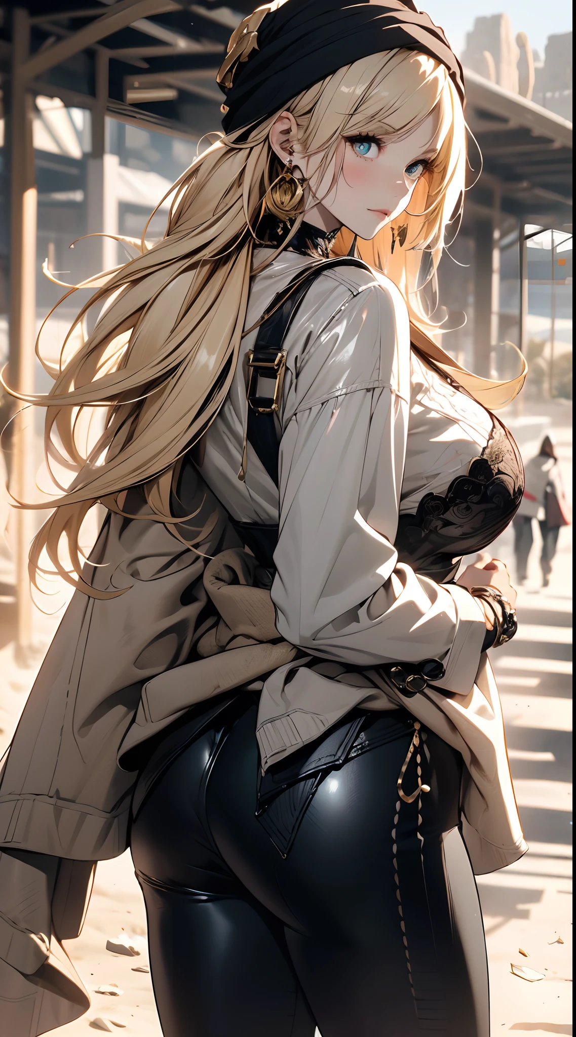 ((in a desert:1.5)), a matured woman with long hair and a white outfit, (resting in oasis:1.2, sitting:0.0), Arabic, Post apocalyps, from arknights, artwork in the style of guweiz, bodyesbian, fine details. girls frontline, beautiful anime illustration, from girls frontline, by Yang J, stunning, 26 years old, (solo:1.5), (sfw:1.25), sagging breast, large breasts, big tits, thin waist, big ass, Raised sexy, (dark mahogany medium long hair, updo, hair over one eye, asymmetric hair, Carly hair, low tied),(musulman, Headscarfs, hair bands, head vandage, Turban), (ultra high resolution, 8K RAW photo, photo realistics, weak outline:1.3, clear focus), best qualtiy, natural lighting, blurry back ground, field depth, (Bright pupils, detailed beautiful eyes, high detailed face), Red lip, looking at viewers, (tight focus:1.2, from above), sexy posing, seductive weak smiling, center image, (wearing white long jacket and clothes, wearing short pants, gold ornaments, white clothes rolling around waist, camel-brown long leather boots, translucent lace pantyhose), ((correct anatomy:1.5)), ((outdoor:1.2)),