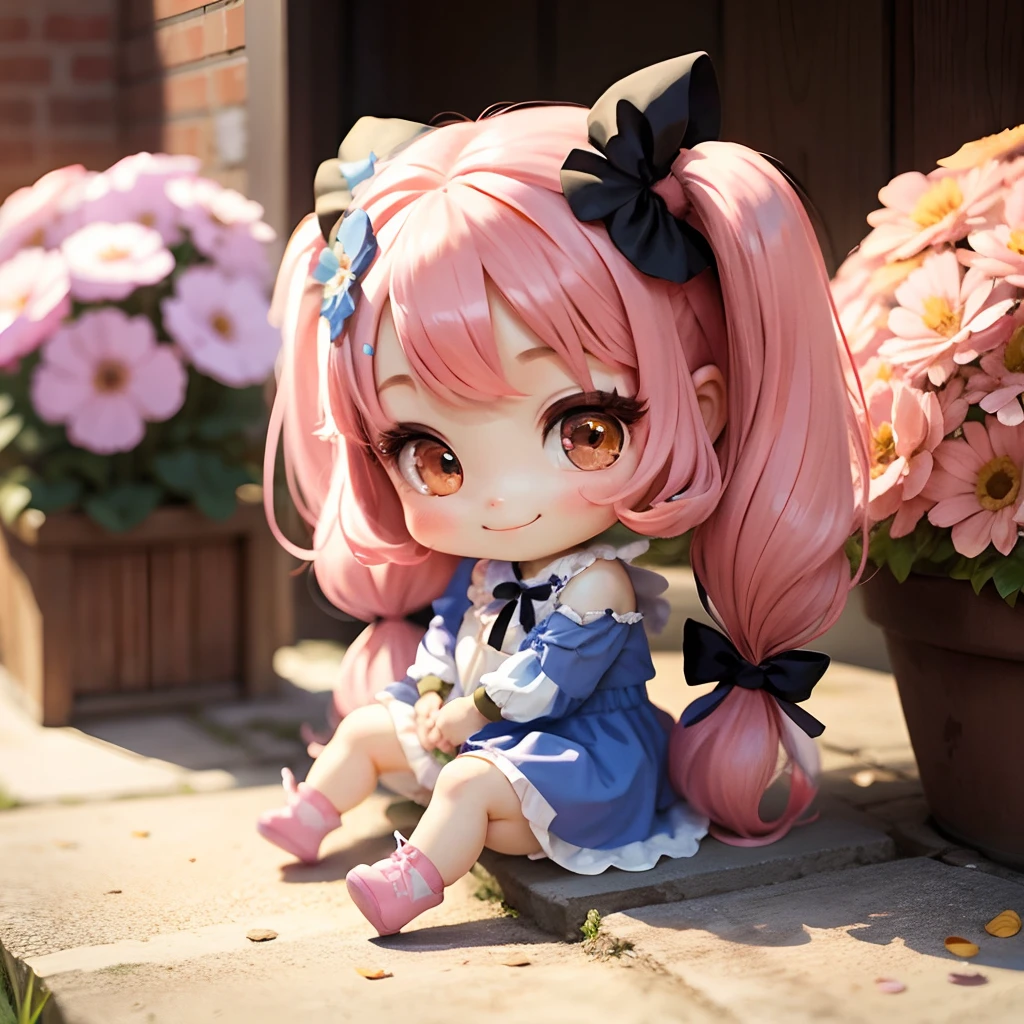 Cute chibi anime sitting on flowers, long pink hair with twin tails、Wear a blue mini dress, Smiling, Logo is cheap