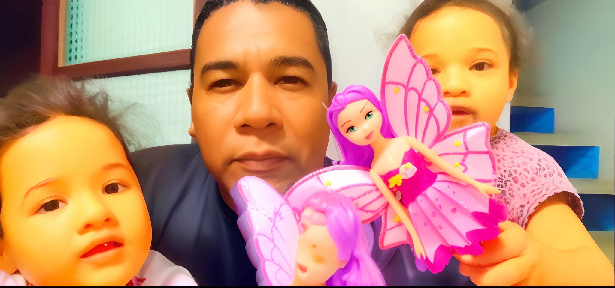 um homem de 35 s segurando uma boneca e uma boneca com uma borboleta, me, foto do brinquedo, foto do perfil, Directed by: Ramon Silva, foto de perfil, with magical creatures, papai, fantasia realista, foto comercial do brinquedo, fami, fazer imagem realista estilo Pixar