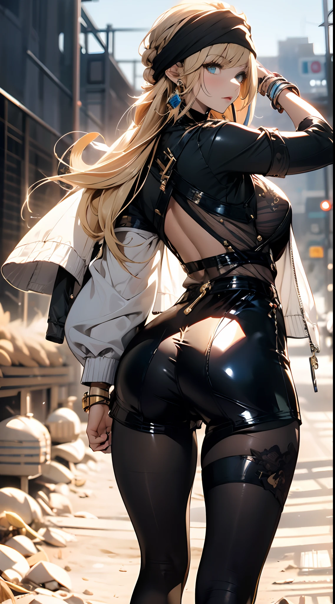 ((in a desert:1.5)), a matured woman with long hair and a white outfit, (resting in oasis:1.2, sitting:0.0), Arabic, Post apocalyps, from arknights, artwork in the style of guweiz, bodyesbian, fine details. girls frontline, beautiful anime illustration, from girls frontline, by Yang J, stunning, 26 years old, (solo:1.5), (sfw:1.25), sagging breast, large breasts, big tits, thin waist, big ass, Raised sexy, (dark mahogany medium long hair, updo, hair over one eye, asymmetric hair, Carly hair, low tied),(musulman, Headscarfs, hair bands, head vandage, Turban), (ultra high resolution, 8K RAW photo, photo realistics, weak outline:1.3, clear focus), best qualtiy, natural lighting, blurry back ground, field depth, (Bright pupils, detailed beautiful eyes, high detailed face), Red lip, looking at viewers, (tight focus:1.2, from above), sexy posing, seductive weak smiling, center image, (wearing white long jacket and clothes, wearing short pants, gold ornaments, white clothes rolling around waist, camel-brown long leather boots, translucent lace pantyhose), ((correct anatomy:1.5)), ((outdoor:1.2)),