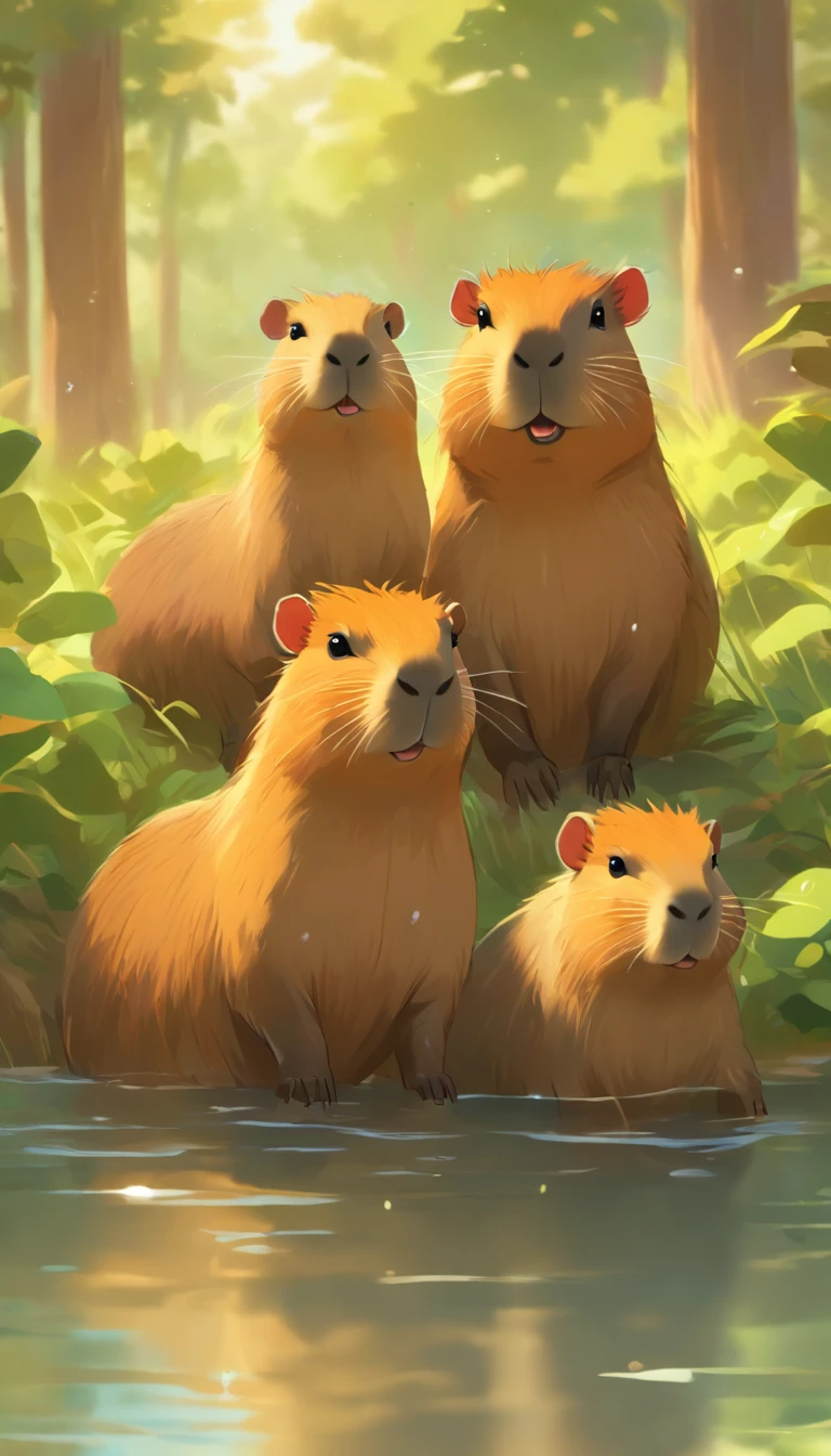 best quality,4k,8k,highres,masterpiece:1.2,ultra-detailed,realistic, cute capybara, lush green garden, playful capybara family, gentle flowing river, vibrant wildlife, nature's harmony, peaceful atmosphere, joyous capybara playground, heartwarming moments, sunlight filtering through the trees, small water splashes, serene reflections on the water, authentic fur textures, lively interaction between capybaras, natural beauty, lively expressions of capybaras, friendly atmosphere, adorable capybara faces, happy capybara family, rich color palette of the scenery, soft sunlight illuminating the scene, detailed grass and foliage, vivid colors, lively and energetic atmosphere, heartwarming connection between capybara family members, harmonious composition, cheery and carefree capybara energy, scenic tranquility, vibrant hues, lifelike interactions, exquisite details of capybara features, picturesque landscape, peaceful coexistence of capybaras in their habitat, playfulness and curiosity of capybaras, idyllic summer day, relaxing oasis, joy of exploration, gentle ripples on the water surface.