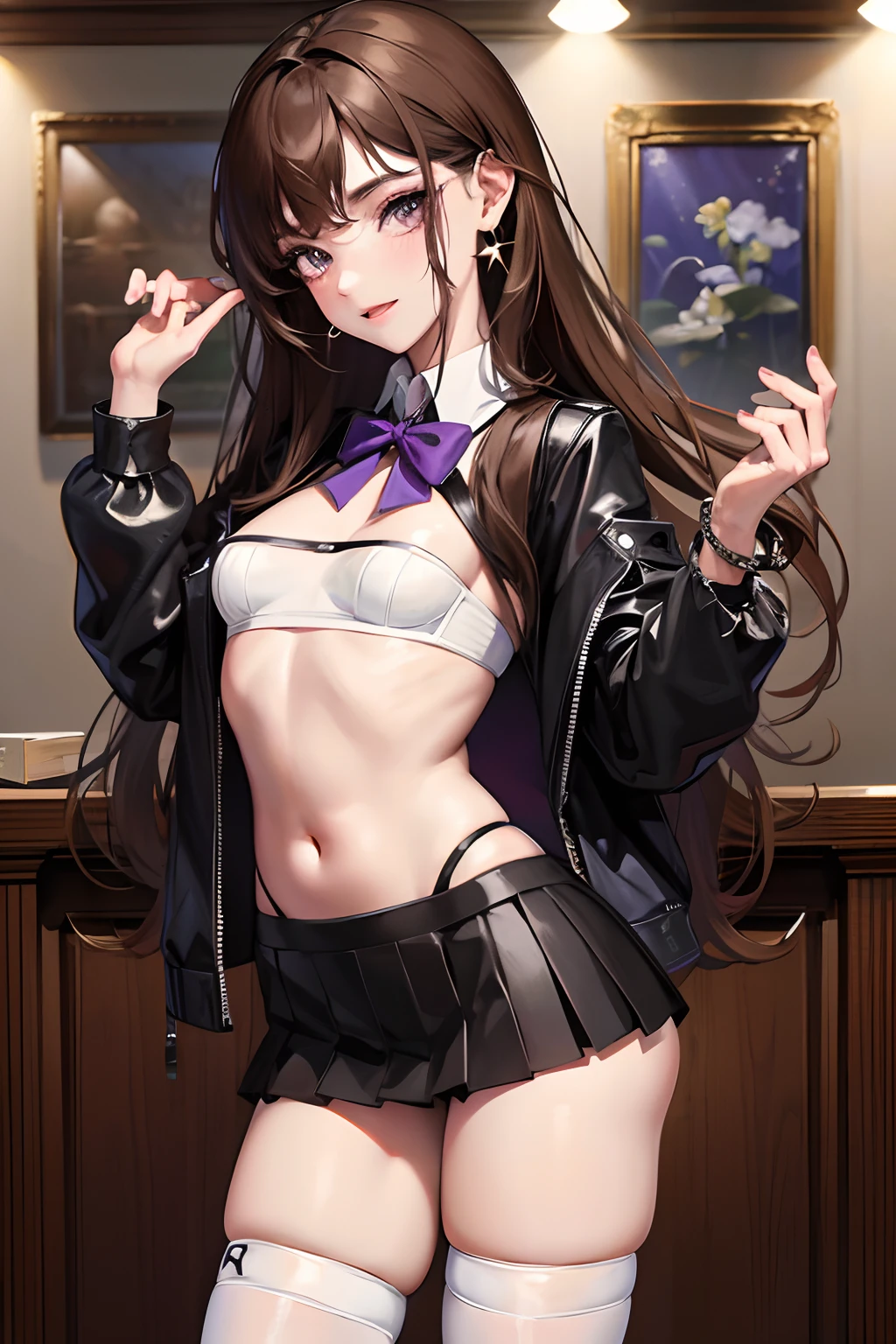 Masterpiece, Best quality, Realistic, Real, incredibly_absurderes, Colorful, stars, intense shading, Girl, Long hair, Brown hair, Wavy hair, view the viewer, Laughing, eye bags, purple eyeshadow, Small breasts, shirt, ribbed sweater, Black sports bra , Miniskirt, Transparent underwear, white thighhighs, Earrings, jewelry, half gloves , neck bowtie, Bracelet, nipple tweak_thigh high,