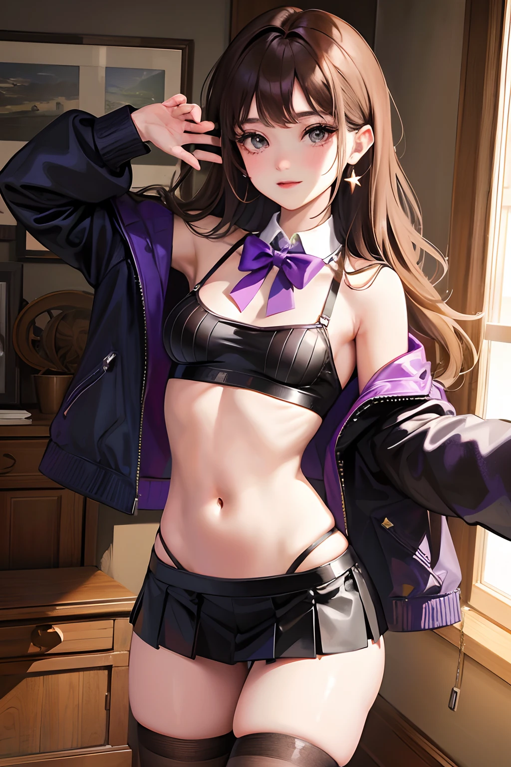 Masterpiece, Best quality, Realistic, Real, incredibly_absurderes, Colorful, stars, intense shading, Girl, Long hair, Brown hair, Wavy hair, view the viewer, Laughing, eye bags, purple eyeshadow, Small breasts, shirt, ribbed sweater, Black sports bra , Miniskirt, Transparent underwear, white thighhighs, Earrings, jewelry, half gloves , neck bowtie, Bracelet, nipple tweak_thigh high,