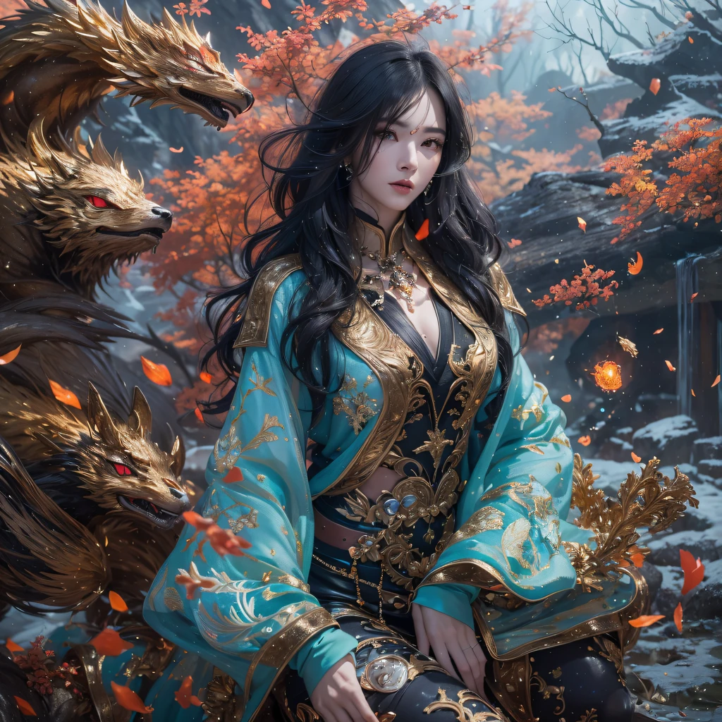 Fly the Nine-Tailed Light Blue Sky Division Flame Hairy Bear Star,Erotic,Torch Night Black Gold Orange Brocade Silk Snake Print Silk Pants,Rouge diamond tulle sheer lizard-patterned leggings,Fat Girl Space Flying in the Snow 1:900 miniatures,Front view,Pure transparency,Wear boxing gloves,Wear thick-rimmed reflective sunglasses with gold threads,Panorama ultra-wide angle,extremely happy,The texture of the real person is delicate,Strong visual impact,Hyper-detailing,Dream girl,Refined face,prettyeyes,Hair strands float in the air, Cherry model,Ouyang Xiaotong,crystal-clear,Good sense of perspective,Light and shadow effects,16K smooth,Surface reflected light,Flowing black hair,Water Goddess 32K,复杂,ellegance,highly detailed,A majestic,Digital photography,Autumn cowboy shot,surrealism painting,Broken rubies,Beating magic,Entwined water magic,(tmasterpiece,Cinematic light,Fine beautiful eyes:1.2),hdr,Void 5 Energy Storm,(China 1 girl,Black eyes:1.5),Rouge skin,Glowing skin,(sitting on the stone:1.5),delicated face,Black color hair,Put on palatial gold armor,cropped shoulders,,short skirt,Beautiful golden armor,Rained,big breasts beautiful,looking at viewert,Face away from the camera,tmasterpiece,Lateral face,Side portrait close-up