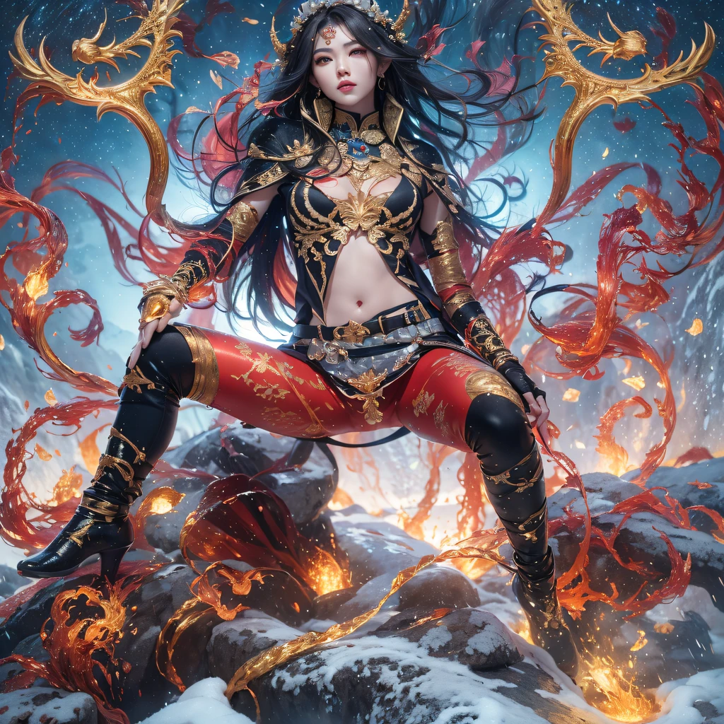 Fly the Nine-Tailed Light Blue Sky Division Flame Hairy Bear Star,Erotic,Torch Night Black Gold Orange Brocade Silk Snake Print Silk Pants,Rouge diamond tulle sheer lizard-patterned leggings,Fat Girl Space Flying in the Snow 1:900 miniatures,Front view,Pure transparency,Wear boxing gloves,Wear thick-rimmed reflective sunglasses with gold threads,Panorama ultra-wide angle,extremely happy,The texture of the real person is delicate,Strong visual impact,Hyper-detailing,Dream girl,Refined face,prettyeyes,Hair strands float in the air, Cherry model,Ouyang Xiaotong,crystal-clear,Good sense of perspective,Light and shadow effects,16K smooth,Surface reflected light,Flowing black hair,Water Goddess 32K,复杂,ellegance,highly detailed,A majestic,Digital photography,Autumn cowboy shot,surrealism painting,Broken rubies,Beating magic,Entwined water magic,(tmasterpiece,Cinematic light,Fine beautiful eyes:1.2),hdr,Void 5 Energy Storm,(China 1 girl,Black eyes:1.5),Rouge skin,Glowing skin,(sitting on the stone:1.5),delicated face,Black color hair,Put on palatial gold armor,cropped shoulders,,short skirt,Beautiful golden armor,Rained,big breasts beautiful,looking at viewert,Face away from the camera,tmasterpiece,Lateral face,Side portrait close-up