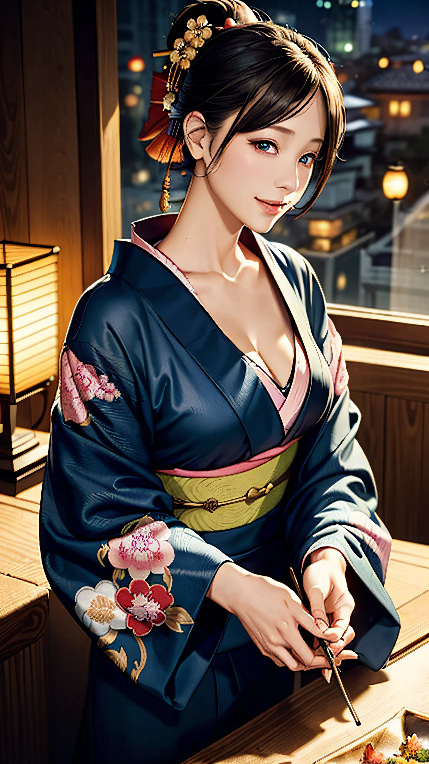 (((masutepiece))), ((Best Quality)), (((kimono))),((Intricate details)), (())),(beautiful and delicate eyes), (Illustration), (silhuette) ((Ultra-realistic Nose)),no extra hands, (Perfect hands) , ((Oil painting style: 1.5)), Highly detailed, Illustration, Black hair, Short hair, Blue eyes, (full :0.5)) ,in hotel, Bedroom, Detailed background, Perfect eyes, Just a little cleavage,Seductive eyes, Seductive smile,
