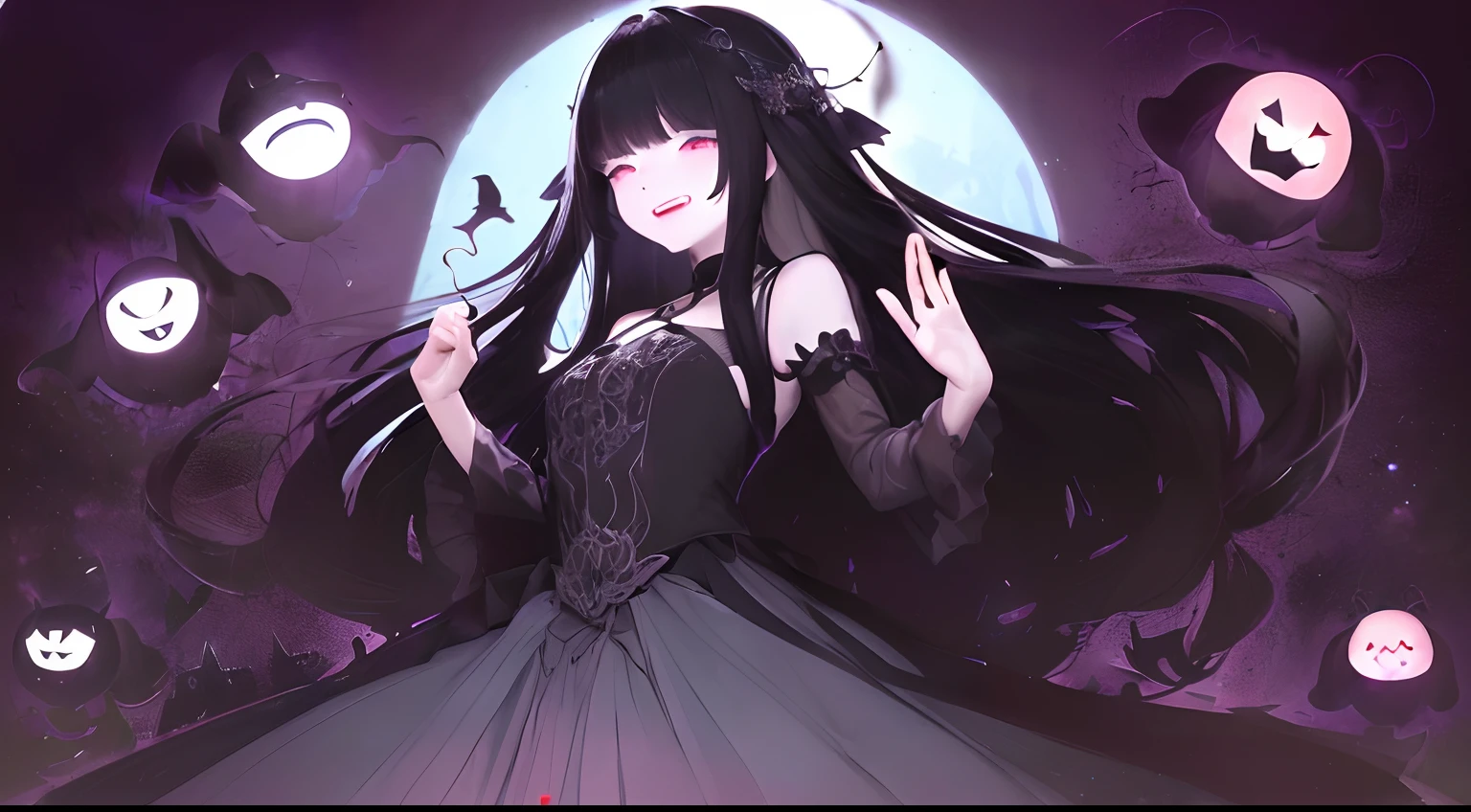 Create a cute goth-loli character with a cool aura, dressed in a flowing black dress adorned with lace and silver accents. She has long, wavy black hair with purple highlights, styled with bat-shaped hairpins. In a badass pose, she swings a large, ornate scythe, which has intricate designs and a faint glow.