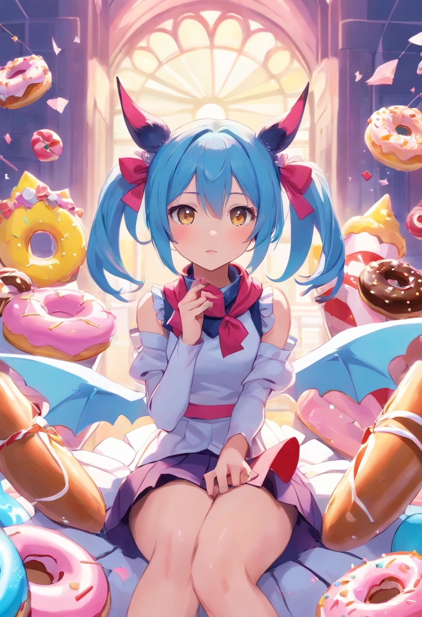 a beautiful masterpiece anime shot of a girl. She is half-bat, and has long bat ears, and a fluffy neck scarf. she has blue bat accessories. She has bat wings on her back The colors are pastel and muted. The color palette consists mostly of yellow, blue and pink, she has blue hair with pink streaks styled in buns with pigtails. she wears a pleated skirt that is very fashionable with a petticoat. She is sitting in a throne made out of sweets and pastries. For example donuts, sprinkles, candy, lollipops, candycane, cake, cupcakes, cakepops. The picture has polka dot patterns and other cute aesthetics. design is themed zubat from pokemon