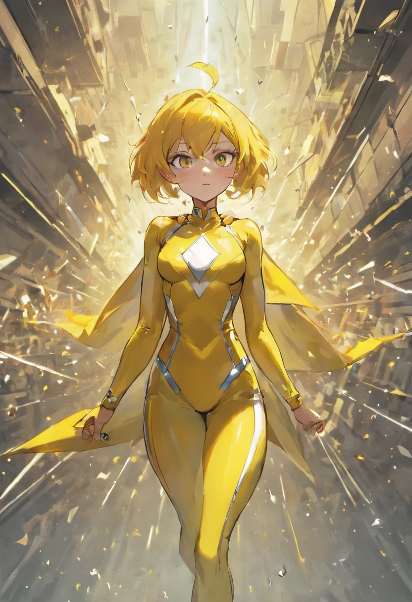 NFT 1 - Tema: Reciclagem (Cor: Amarelo e Branco, Superhero style) Prompt: Crie uma imagem NFT detalhada e realista que represente a reciclagem, utilizando as cores amarelo e branco como tema principal. The design should incorporate a superhero who embodies the principles of recycling, highlighting the importance of sustainability and waste reduction. Make sure the image has a technological touch, with metallic elements that highlight the idea of a modern superhero committed to the ecological cause.