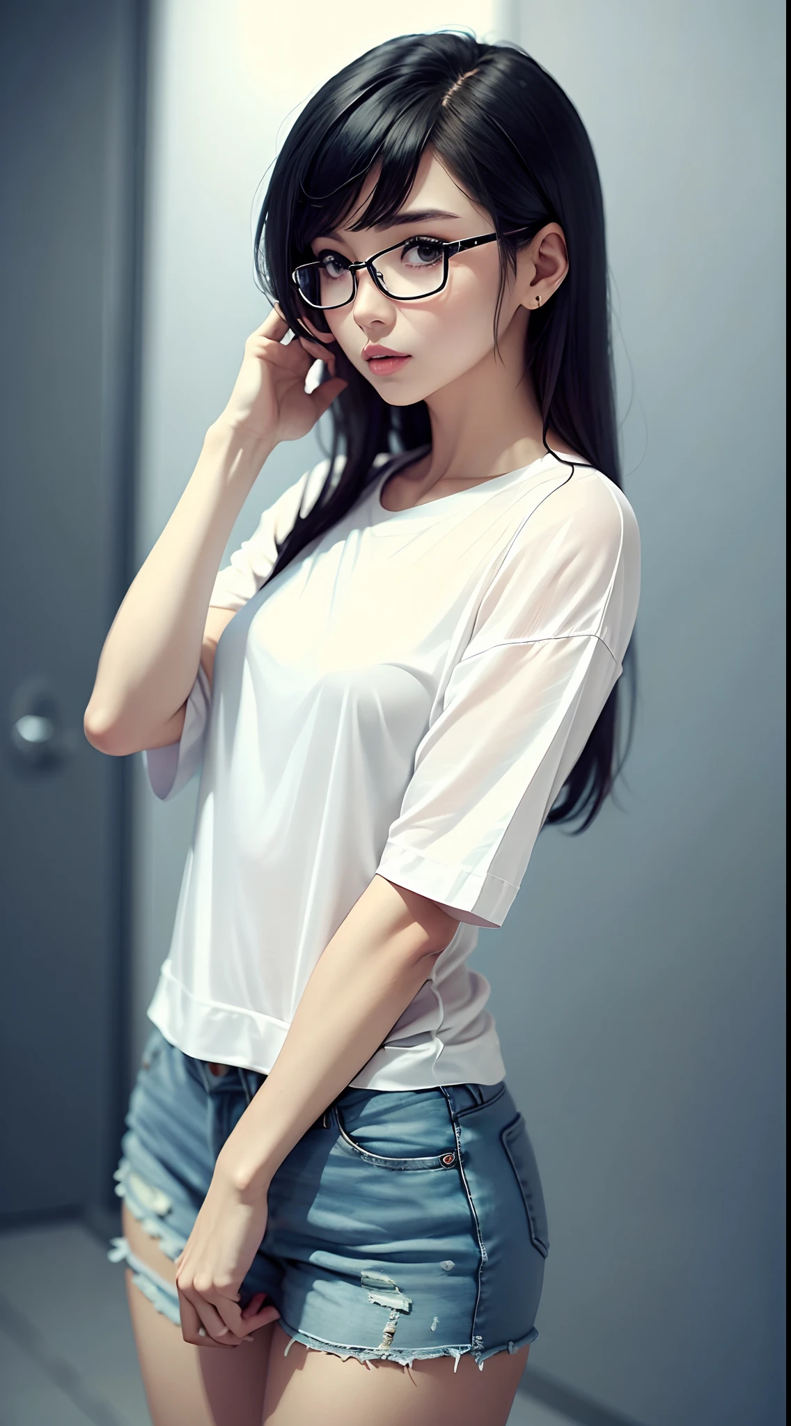 A pretty lady wearing eyeglasses and simple shirt, anime, black hair