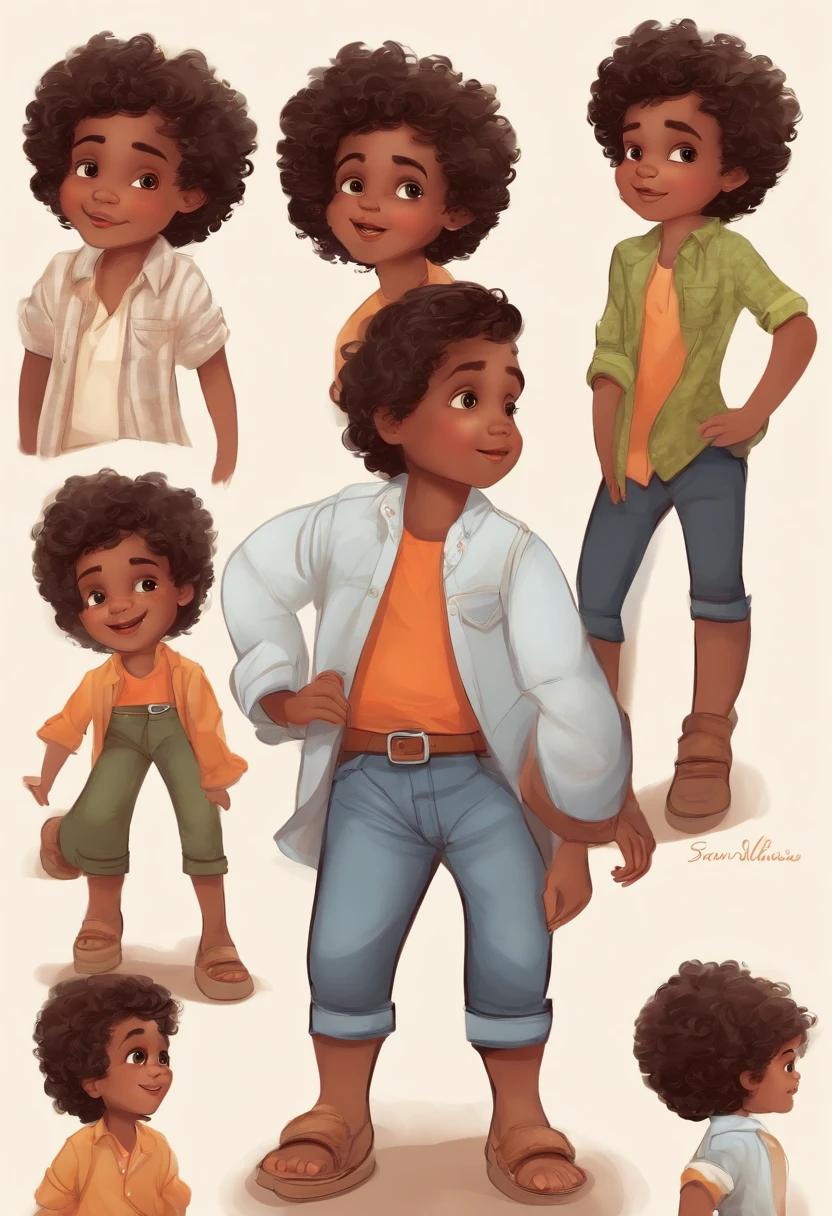 , Multiple Poses and Expression, fundo branco, children's book ilustration style, simples, fofo, 6 anos, cores vivas, cabelo preto curto, pele clara, sem oculos, camisa branca, bermuda jeans