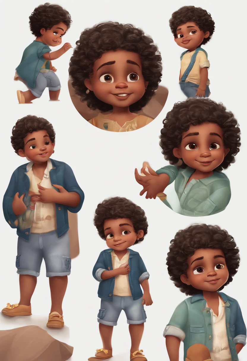 , Multiple Poses and Expression, fundo branco, children's book ilustration style, simples, fofo, 6 anos, cores vivas, cabelo preto curto, pele clara, sem oculos, camisa branca, bermuda jeans