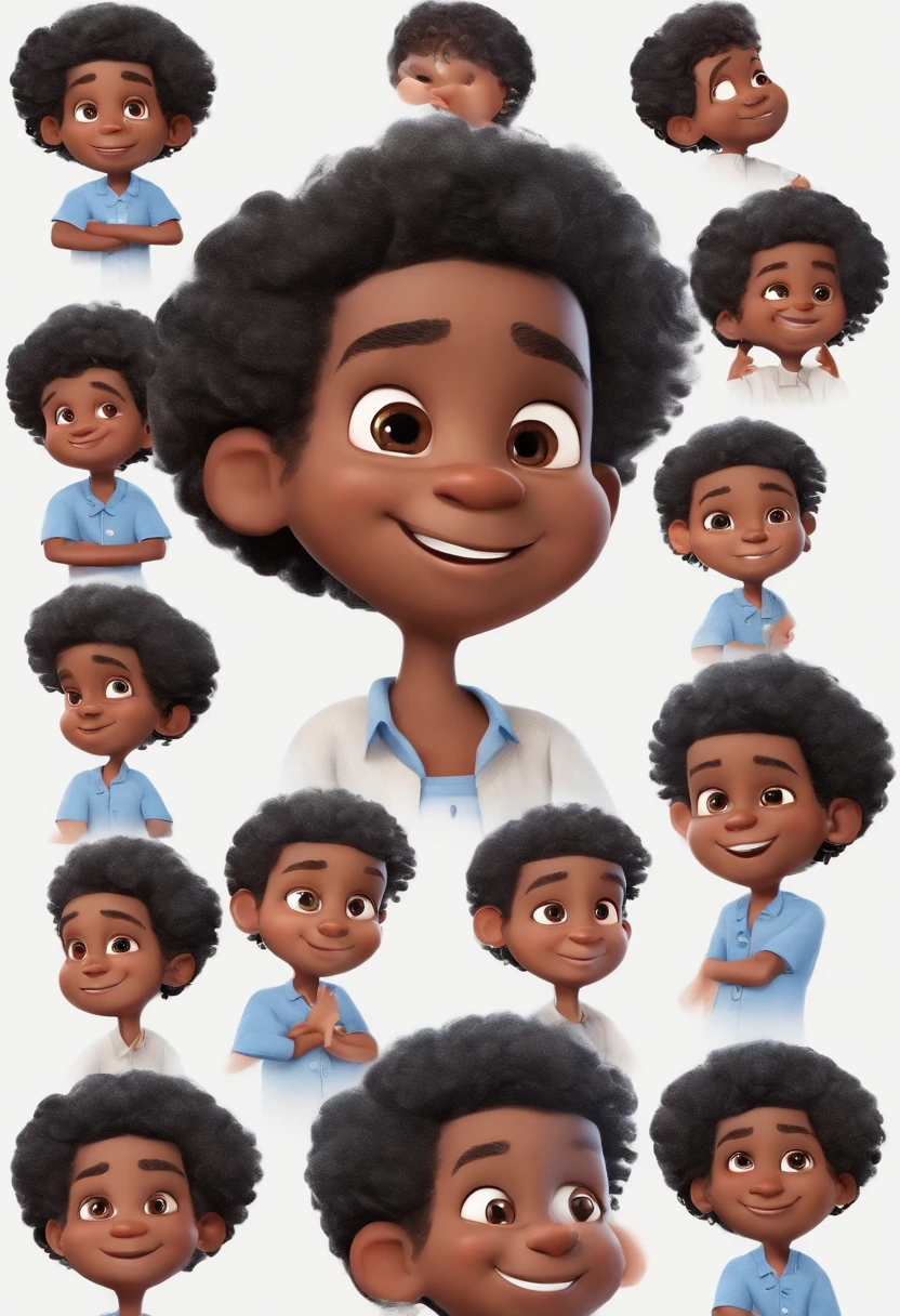 , Multiple Poses and Expression, fundo branco, children's book ilustration style, simples, fofo, 6 anos, cores vivas, cabelo preto curto, pele clara, sem oculos, camisa branca, bermuda jeans