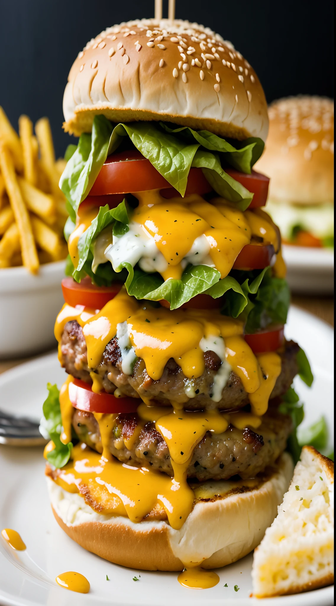 Food Photography Photo of a Burger with Cheese, Maximum details, Mise au point au premier plan