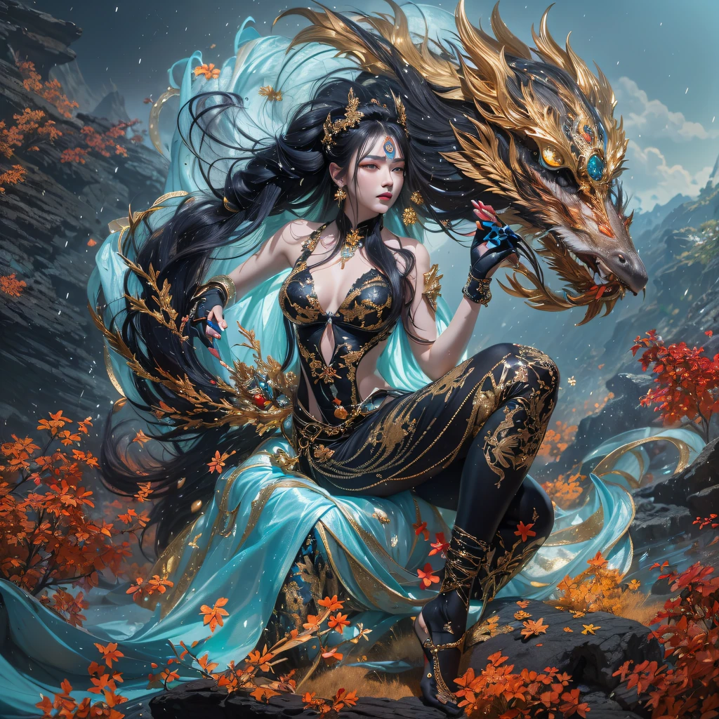 Fly the Nine-Tailed Light Blue Sky Division Flame Hairy Bear Star,Erotic,Torch Night Black Gold Orange Brocade Silk Snake Print Silk Pants,Rouge diamond tulle sheer lizard-patterned leggings,Fat Girl Space Flying in the Snow 1:900 miniatures,Front view,Pure transparency,Wear boxing gloves,Wear thick-rimmed reflective sunglasses with gold threads,Panorama ultra-wide angle,extremely happy,The texture of the real person is delicate,Strong visual impact,Hyper-detailing,Dream girl,Refined face,prettyeyes,Hair strands float in the air, Cherry model,Ouyang Xiaotong,crystal-clear,Good sense of perspective,Light and shadow effects,16K smooth,Surface reflected light,Flowing black hair,Water Goddess 32K,复杂,ellegance,highly detailed,A majestic,Digital photography,Autumn cowboy shot,surrealism painting,Broken rubies,Beating magic,Entwined water magic,(tmasterpiece,Cinematic light,Fine beautiful eyes:1.2),hdr,Void 5 Energy Storm,(China 1 girl,Black eyes:1.5),Rouge skin,Glowing skin,(sitting on the stone:1.5),delicated face,Black color hair,Put on palatial gold armor,cropped shoulders,,short skirt,Beautiful golden armor,Rained,big breasts beautiful,looking at viewert,Face away from the camera,tmasterpiece,Lateral face,Side portrait close-up