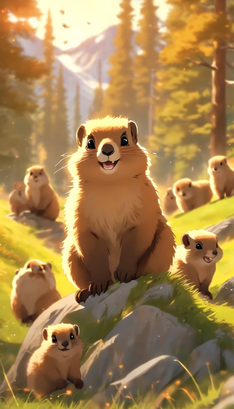 (best quality,ultra-detailed),lots of mountain marmots,breathtaking landscape,playful,curious expressions,soft fur,glistening eyes,natural habitat,green grassy meadow,majestic snow-capped peaks,warm sunlight,harmonious composition,vibrant colors,lively atmosphere,picturesque scenery,clear blue sky,peaceful environment,unforgettable moment,close interaction,endearing poses,joyful gathering,social creatures,community bonding,adorable family dynamics,favourite for photography enthusiasts,happy memories,abundant wildlife,living in harmony with nature,wilderness adventure,appreciation for the small joys in life.