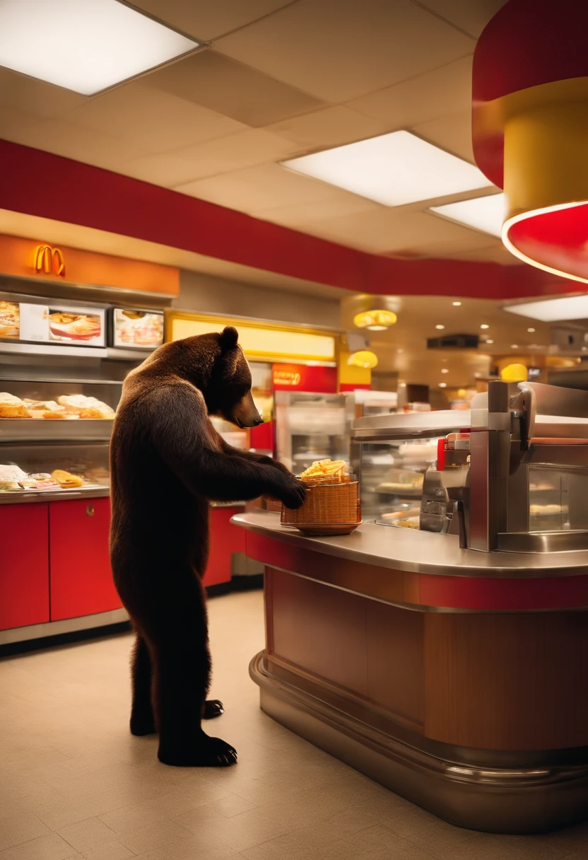 A bear serving at a McDonald's cashier behind the counter in uniform as he places the order for payment