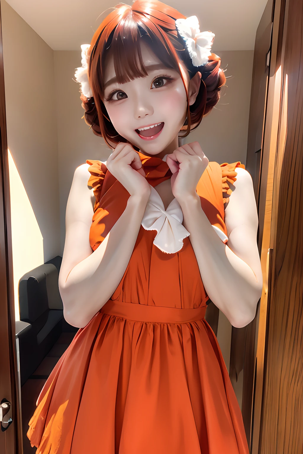 (embarrassed), Red hair, Orange hair, Weliato Style, 1girl in, blush, Upper body, Highly detailed eyes, Hires, 鎖骨, frilly dress, Open mouth