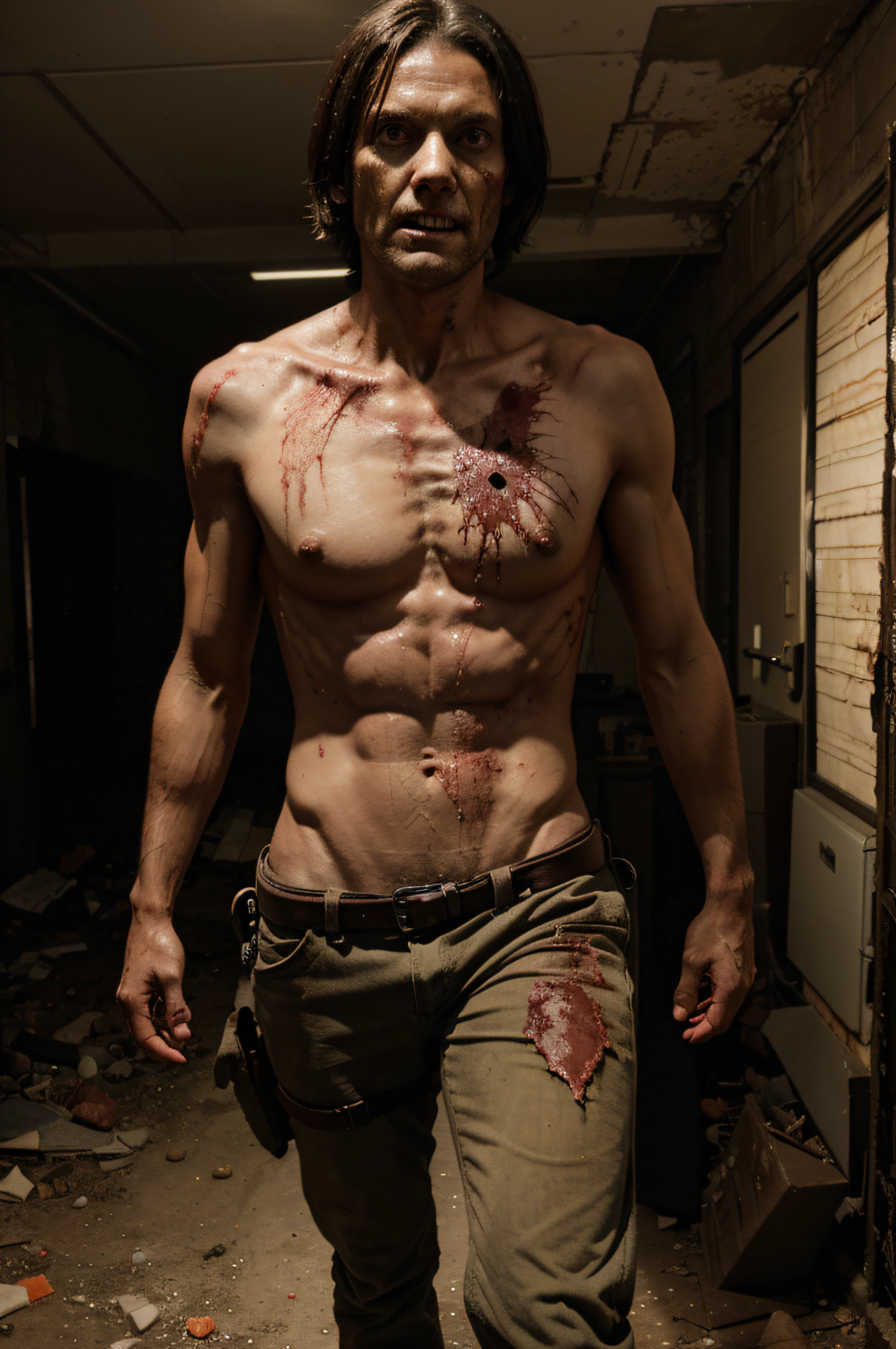 Zombie chopped in half, perfect body anatomy, post-apocalypse.